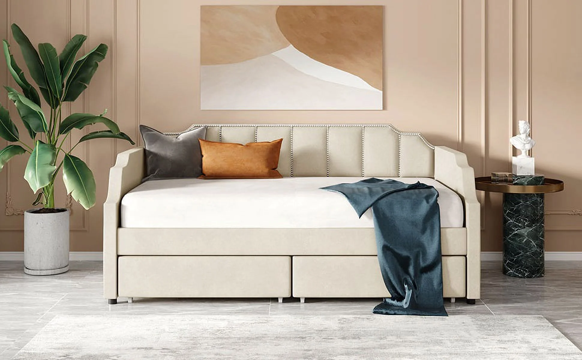 Adrinfly Twin Size Upholstered daybed with Drawers, Wood Slat Support, Beige