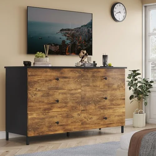 HBBOOMLIFE 6 Drawers Double Dresser Wooden Dresser with Heavy Sturdy Steel Frame Large Capacity Chest of Drawers Black Dresser for Bedroom Living Room Entryway