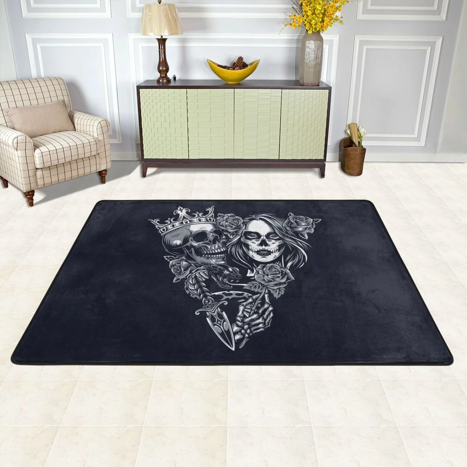 XMXT Indoor Area Rug Mat, Skeleton King Beauty Print Non-Slip Polyester Bedroom Rugs for Living Room Home Decor, 72 x 48 inches