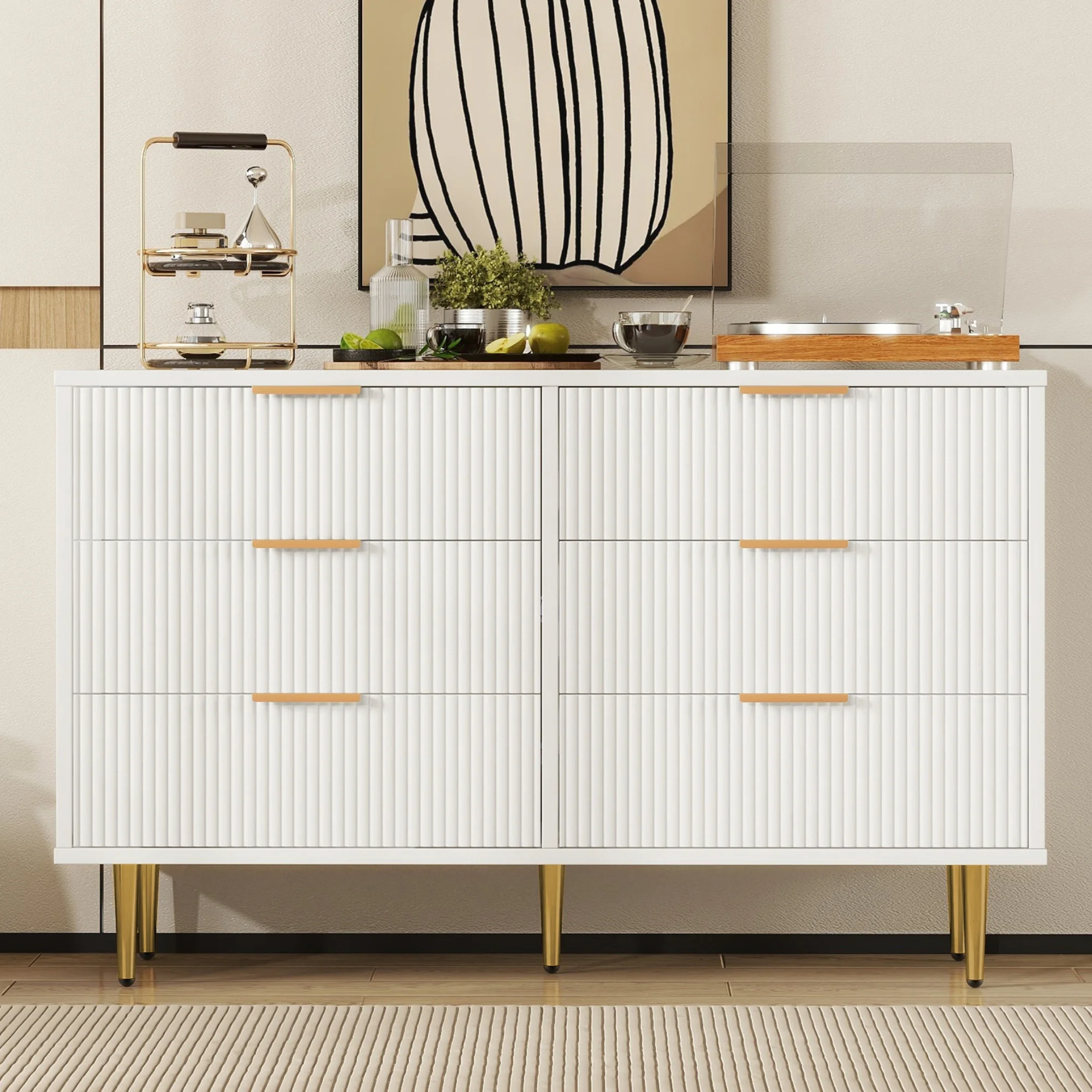 Modern 6-Drawer Dresser with Metal Leg and Handle, White Storage Cabinet with Vertical Stripe Finish Drawers - Perfect for Bedroom Organization