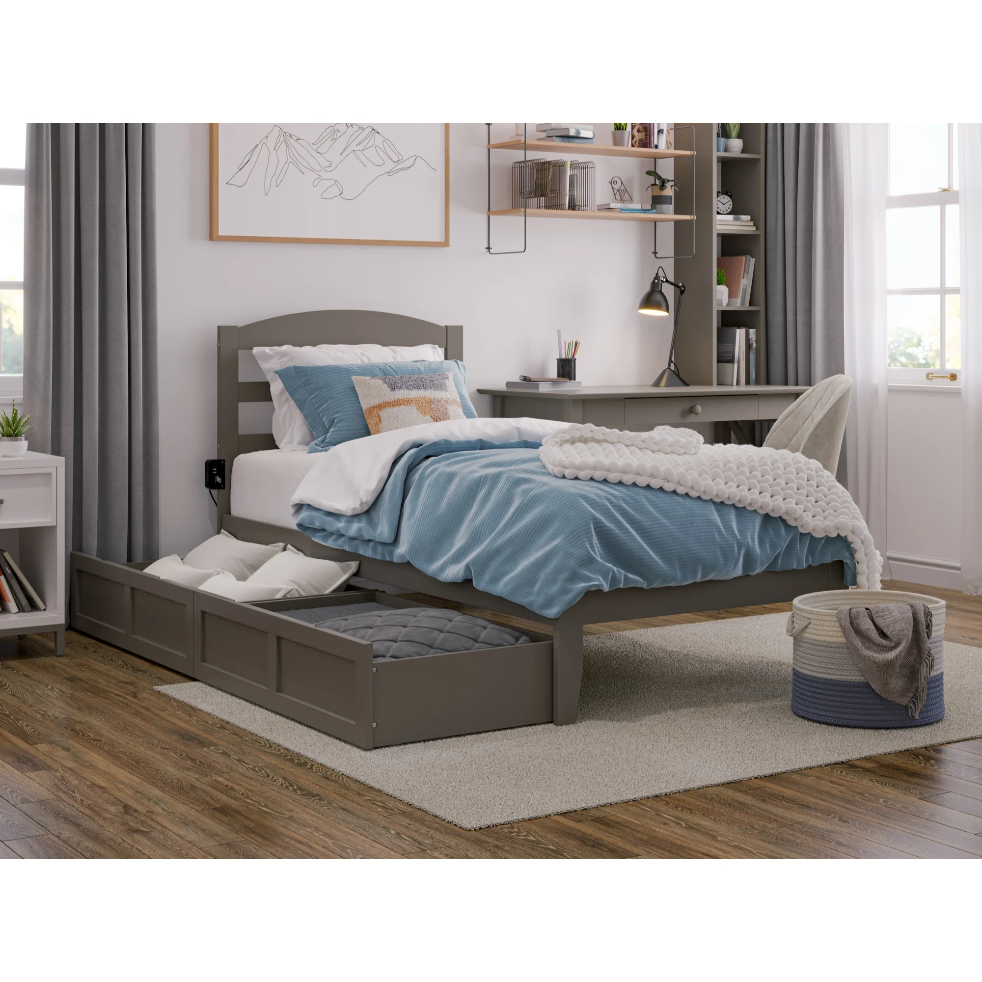 AFI Warren Solid Wood Twin Bed with 2 Storage Drawers in Gray