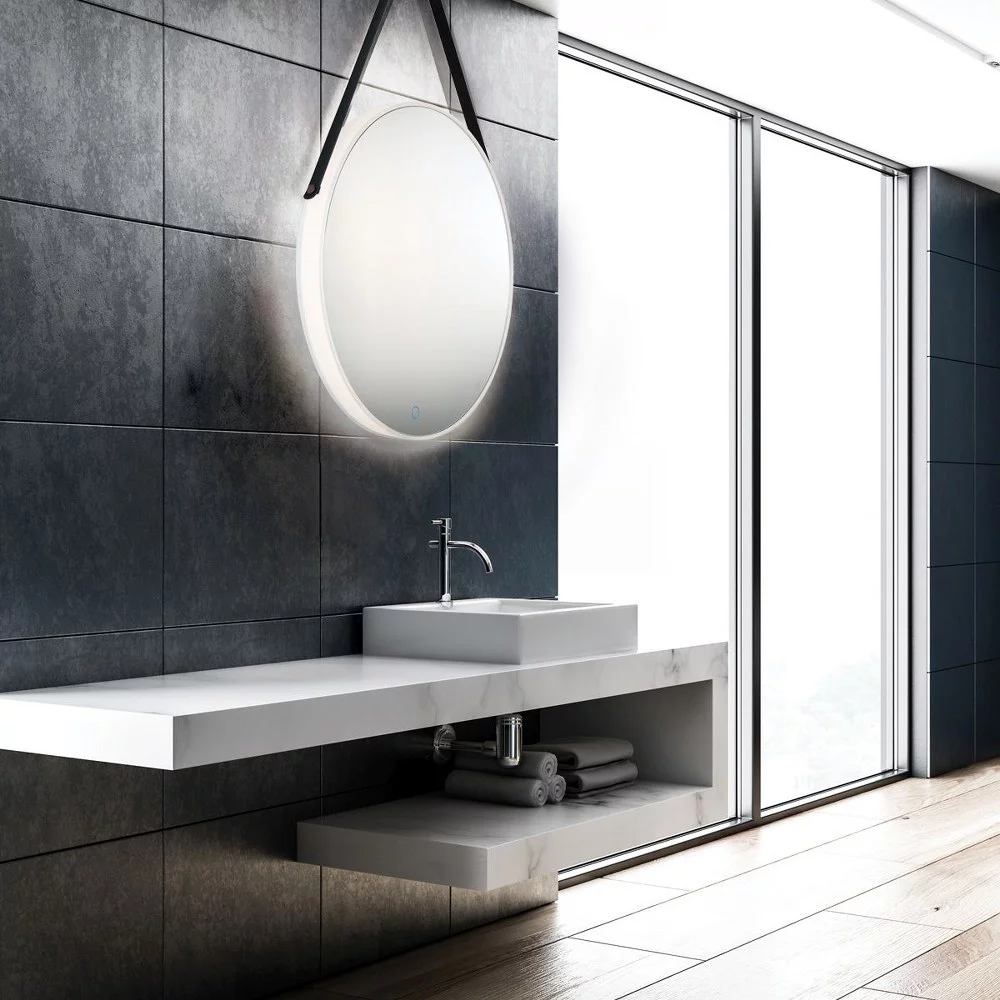 Modern Round Led Edge Lit Wall Mounted Mirror with Leather Strap and Touch Sensor Switch 23.75 inches W  31 inches H Bailey Street Home 79-Bel-3109342