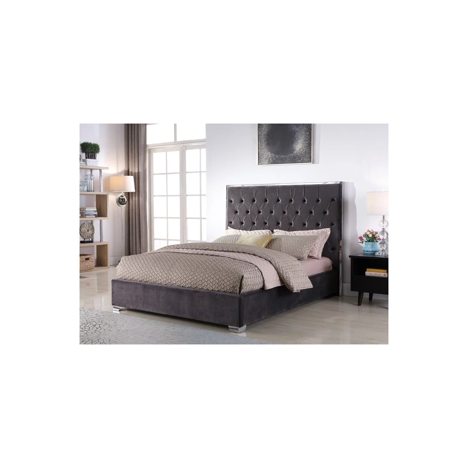 Best Master Kressa Velour Fabric Tufted Cali King Platform Bed in Dark Gray