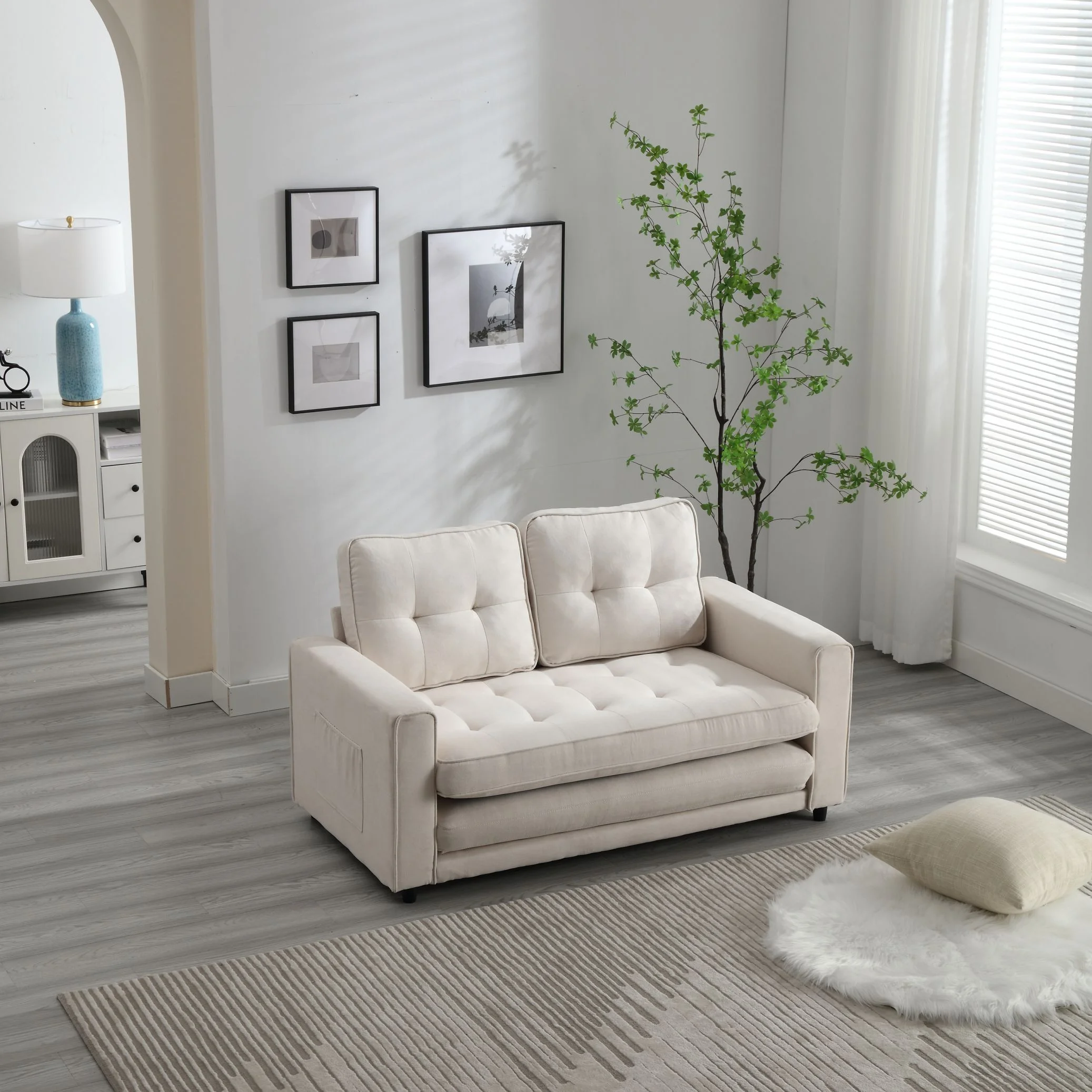 CoSoTower 3 Fold Sofa,Convertible Futon Couch Sleeper Sofabed,Space Saving Loveseat,Pull Out Couch Bed for Living Room,Dark Gray & Light Gray & Beige,Velvet Linen Fabric