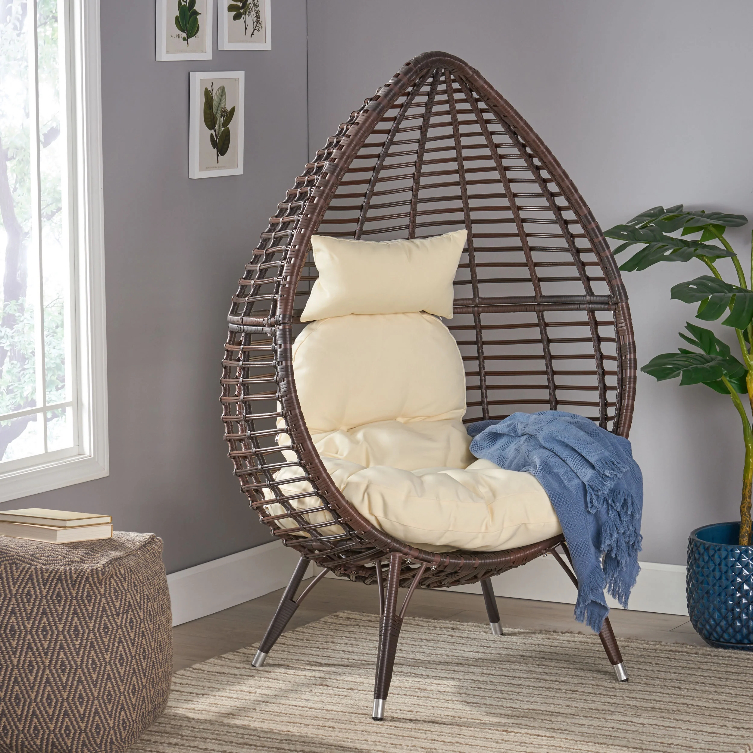 King Indoor Teardrop Wicker Lounge Chair with Water Resistant Cushion, Brown and Beige