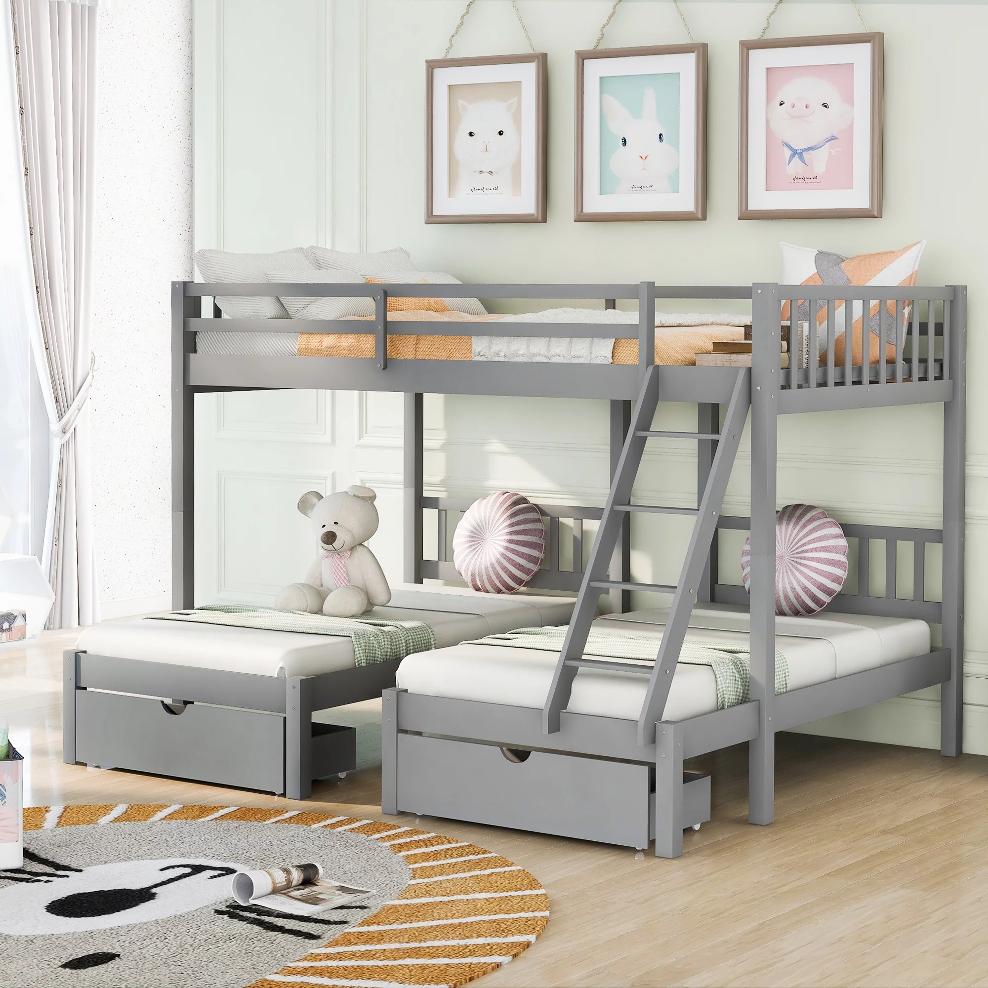 Gray Full Over Twin & Twin Bunk Bed, Wood Triple Bunk Bed with Drawers and Guardrails