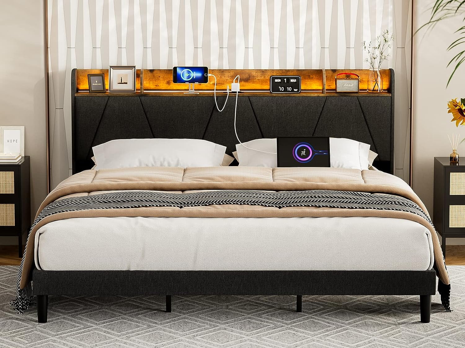 IKIFLY Upholstered California King Bed Frames with Storage Shelf Headboard & Charging Station, 2 Outlets and 2 USB Ports, Modern Cal King LED Bed Frame, Solid Wood Slats, No Box Spring Needed - Black