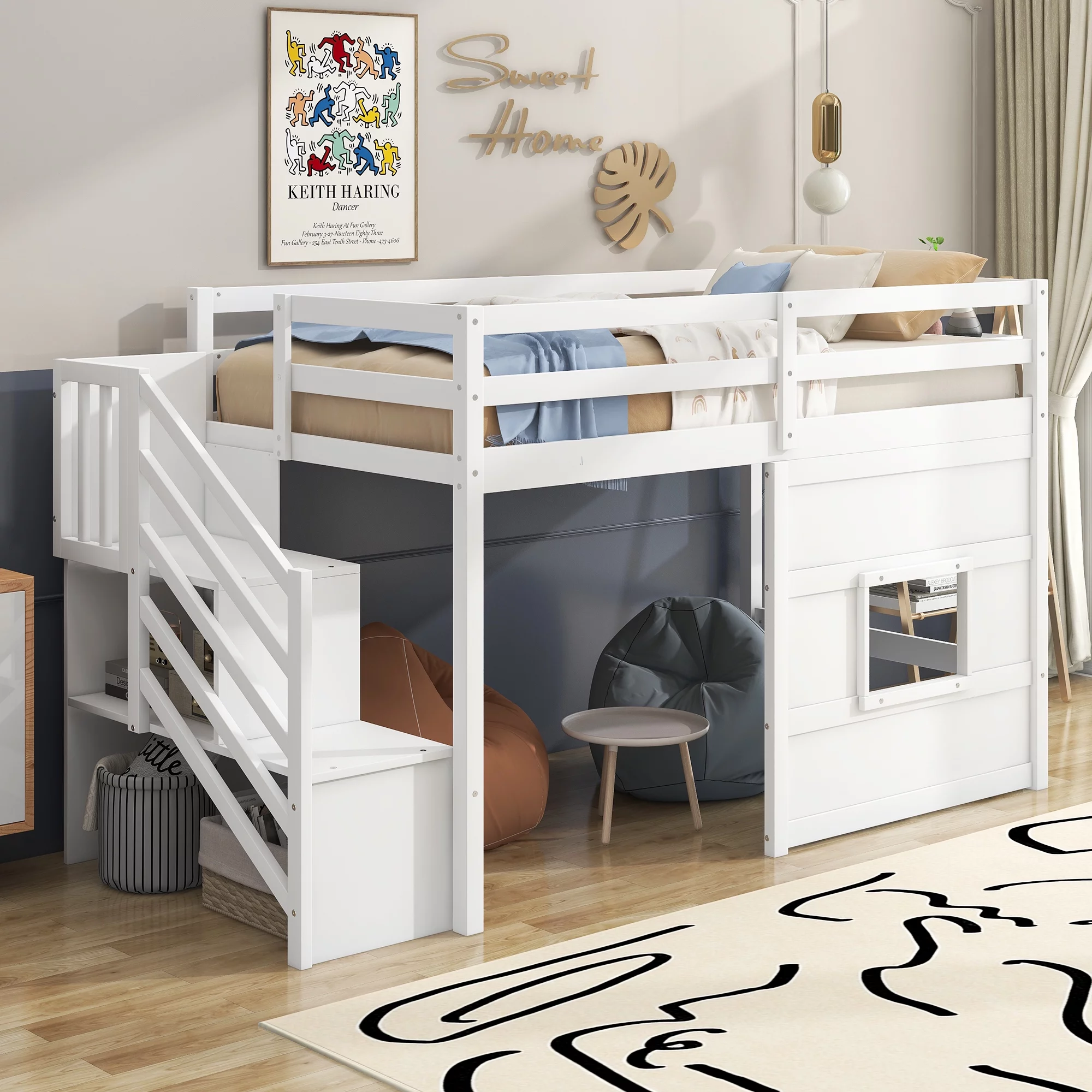CoSoTower Twin Size Loft Bed with Storage Staircase and Window, White