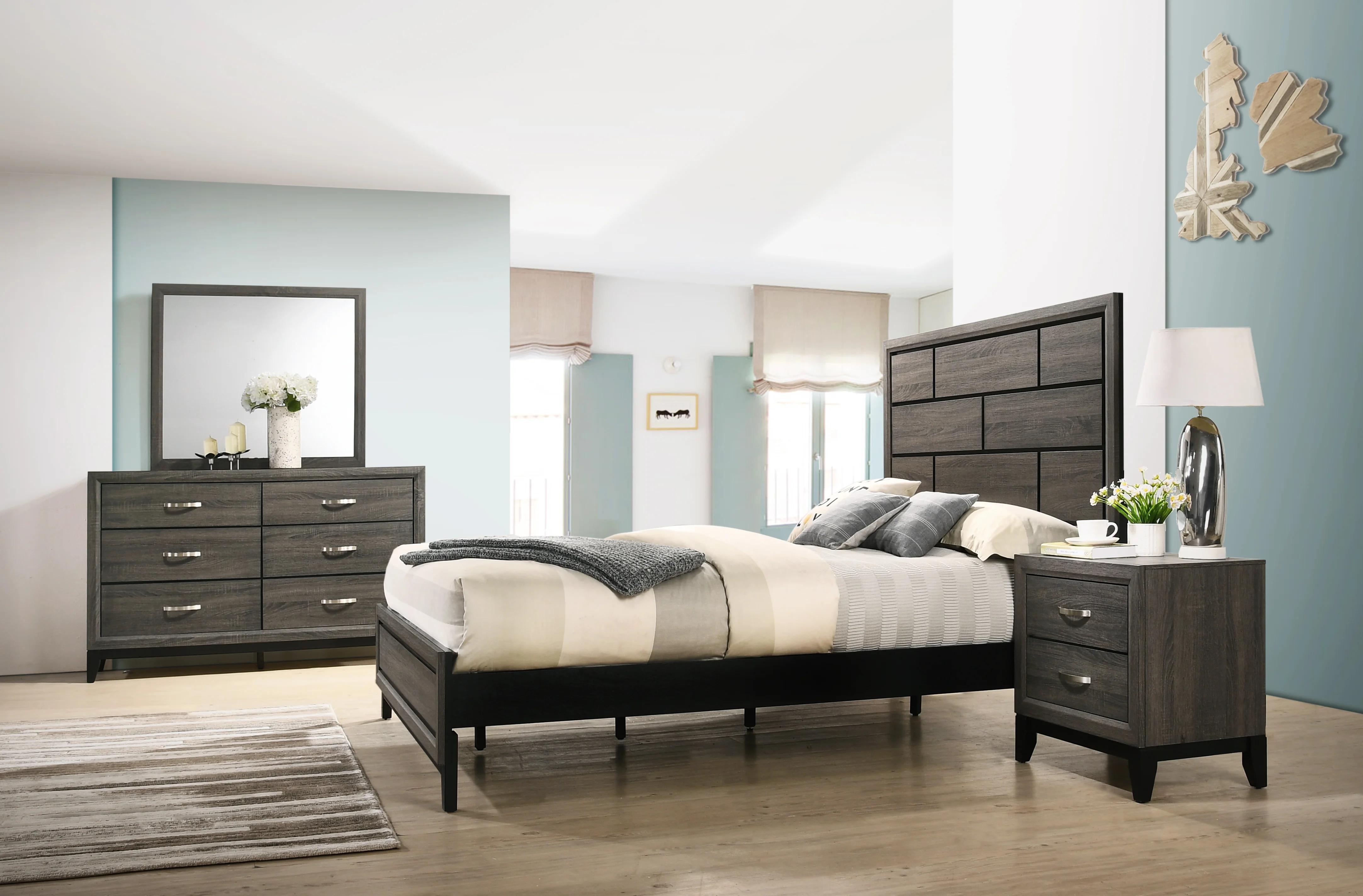 Stout Panel Bedroom Set with Bed, Dresser, Mirror, 2 Nightstands, Wood, Dark Ash Gray, Queen Size