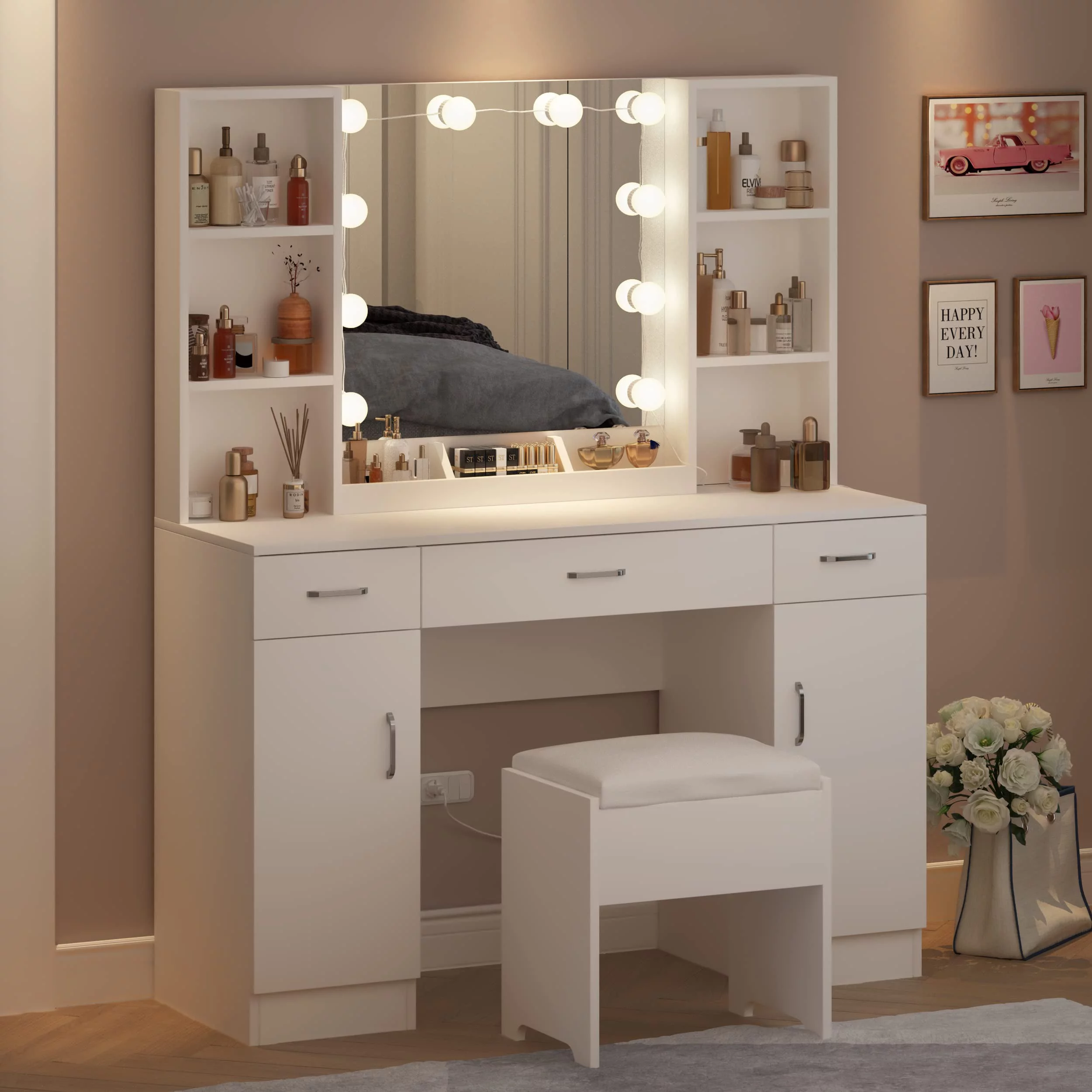 Veanerwood Large Makeup Vanity Set with Lights, White Bedroom Makeup Vanity Table with Storage, 3 Adjustable Lighting Colors, Modern, 45.2in