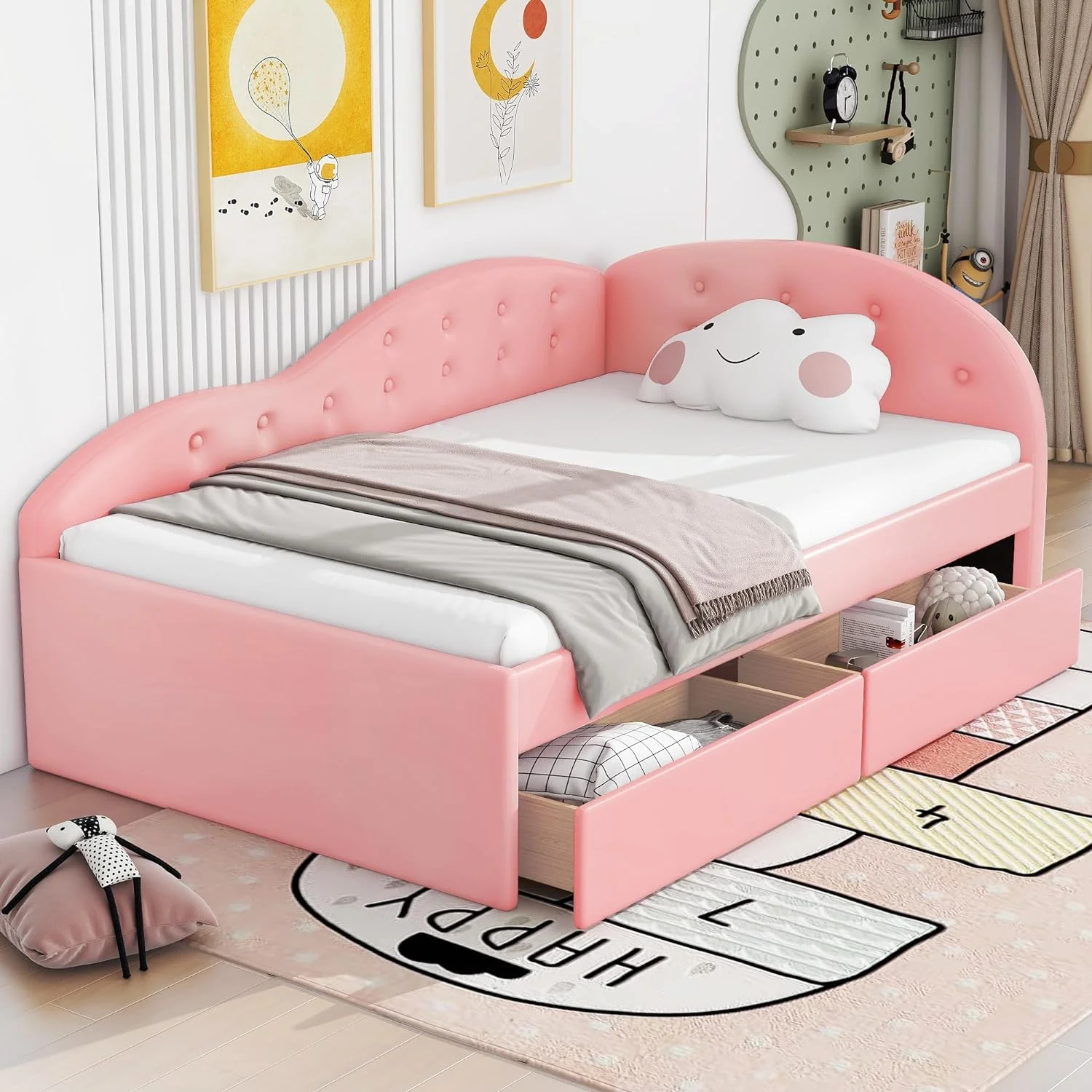 Size Daybed Wih Sorage Drawers, Faux Leaher Upholsered Day Bed Frame, Boom ufed Sofa Bed Wih Cloud Shaped Rails For Bedroom Livig Room Gues Room,