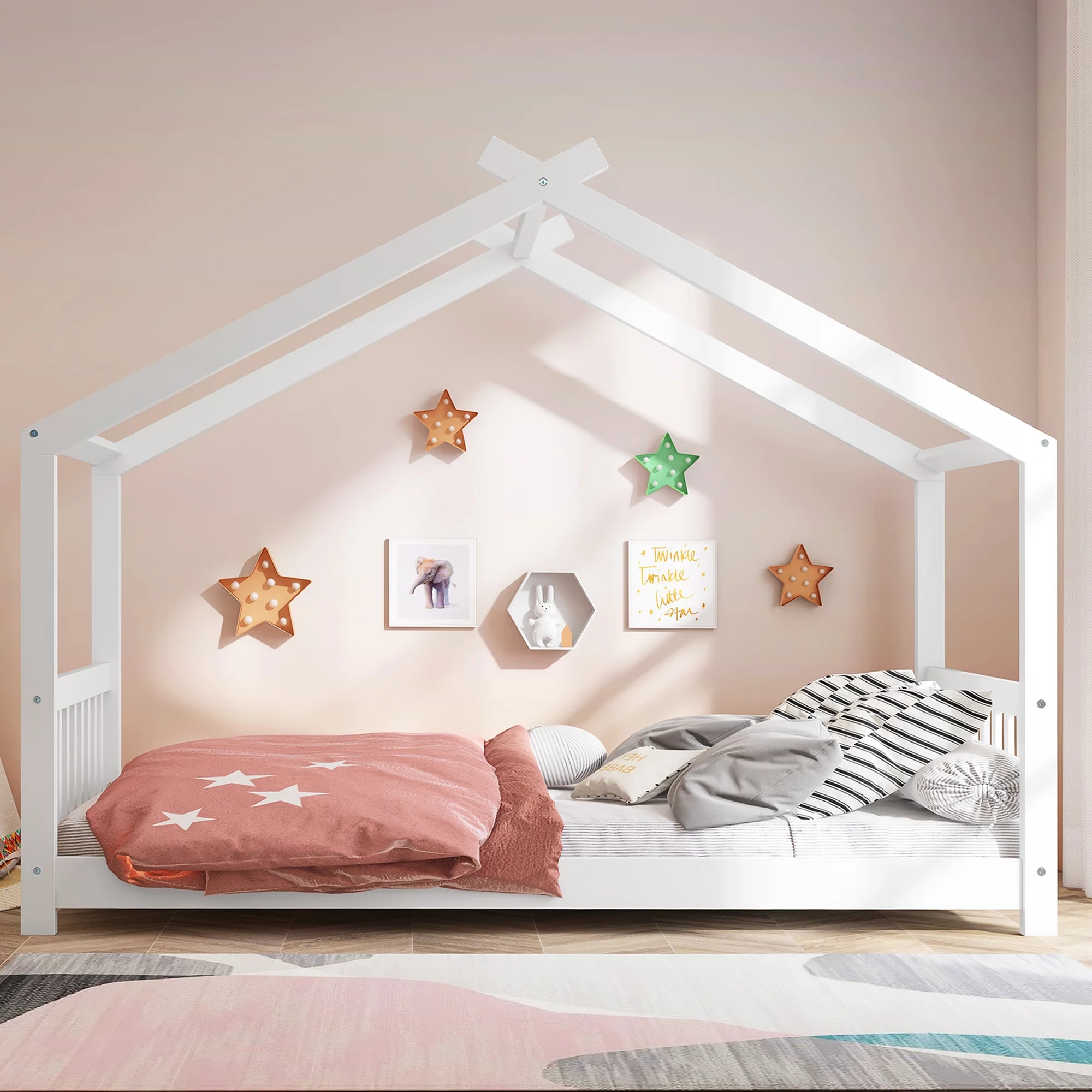 Nestfair White Twin Size House Platform Bed with Headboard and Footboard