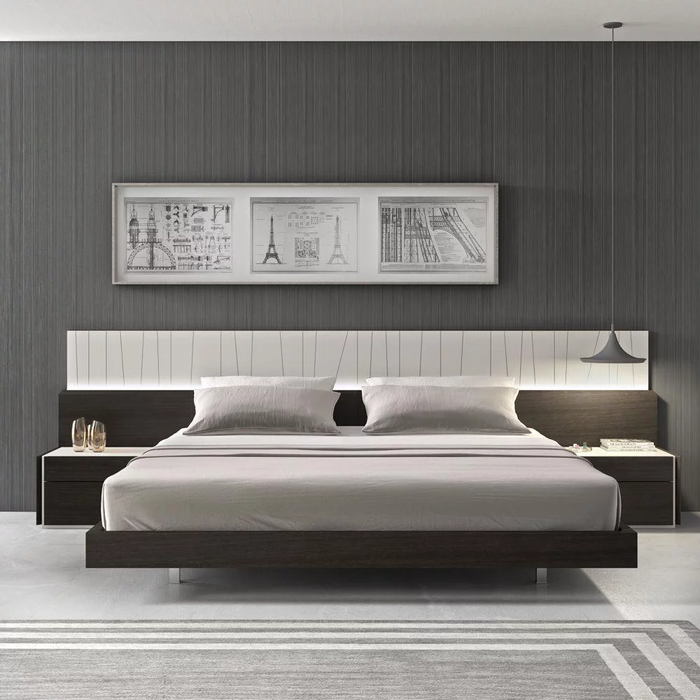 Modern Light Grey Lacquer & Wenge Veneer King Size Bedroom Set 3Pcs J&M Porto