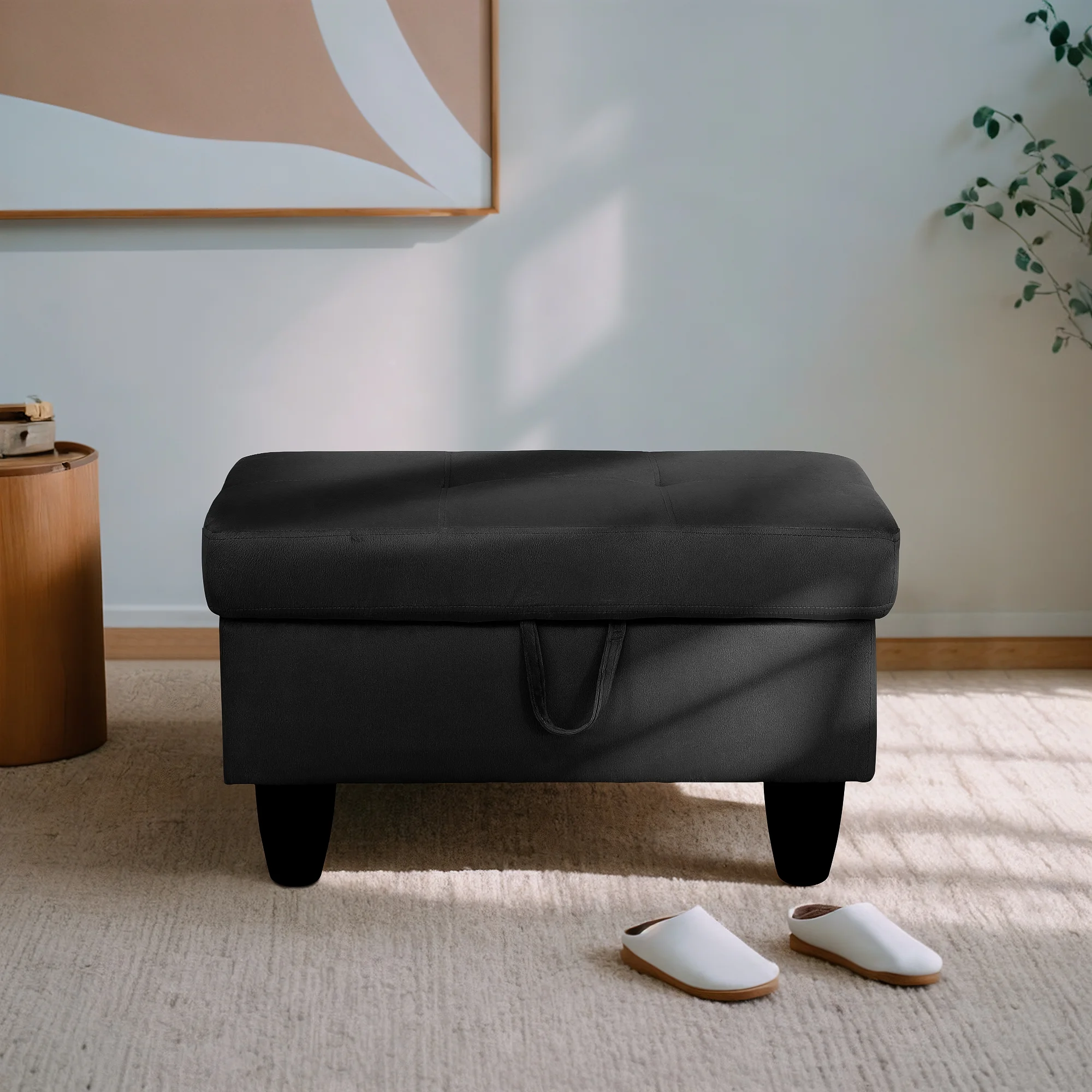 Flannel Storage Ottoman Bench Storage Chest Footstools for Sofa Couch Bedroom End of Bed Living Room Black