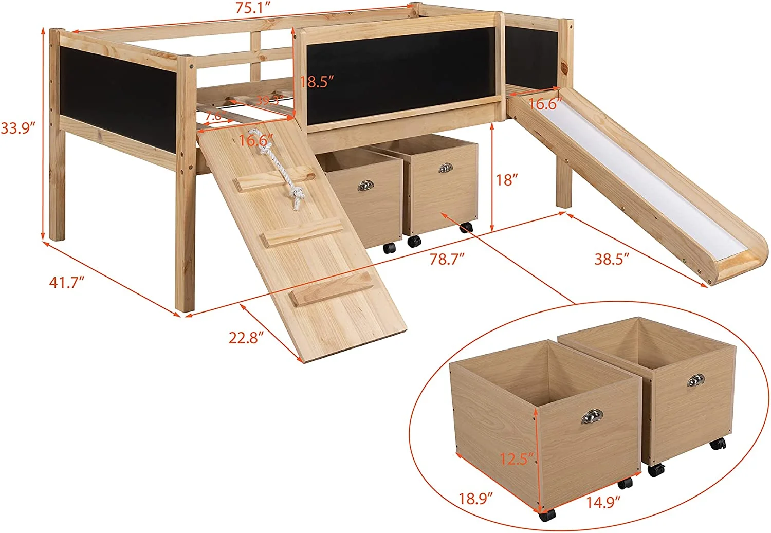 Kids Loft Bed With Slide Ad Double-Sided Chalkboard, Woode Low Loft Bed Frame With 2 Storage Boxes, Loft Bed For Boys & Girls (ew, atrual)