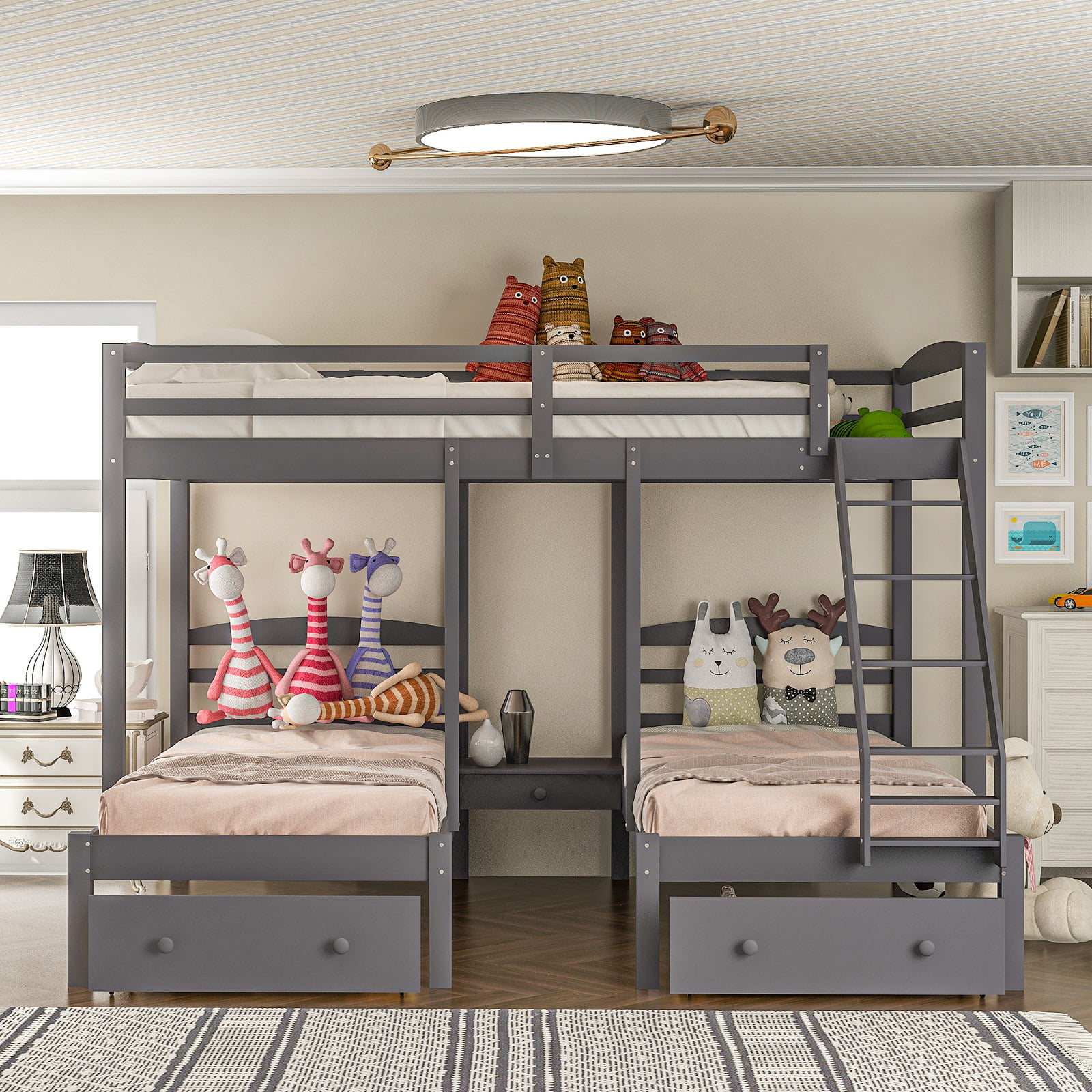 Full over Twin & Twin Bunk Bed for Kids, Wood Triple Bunk Bed Frame 3 Bed Bunk Bed with Full Length Guardrails and Drawers