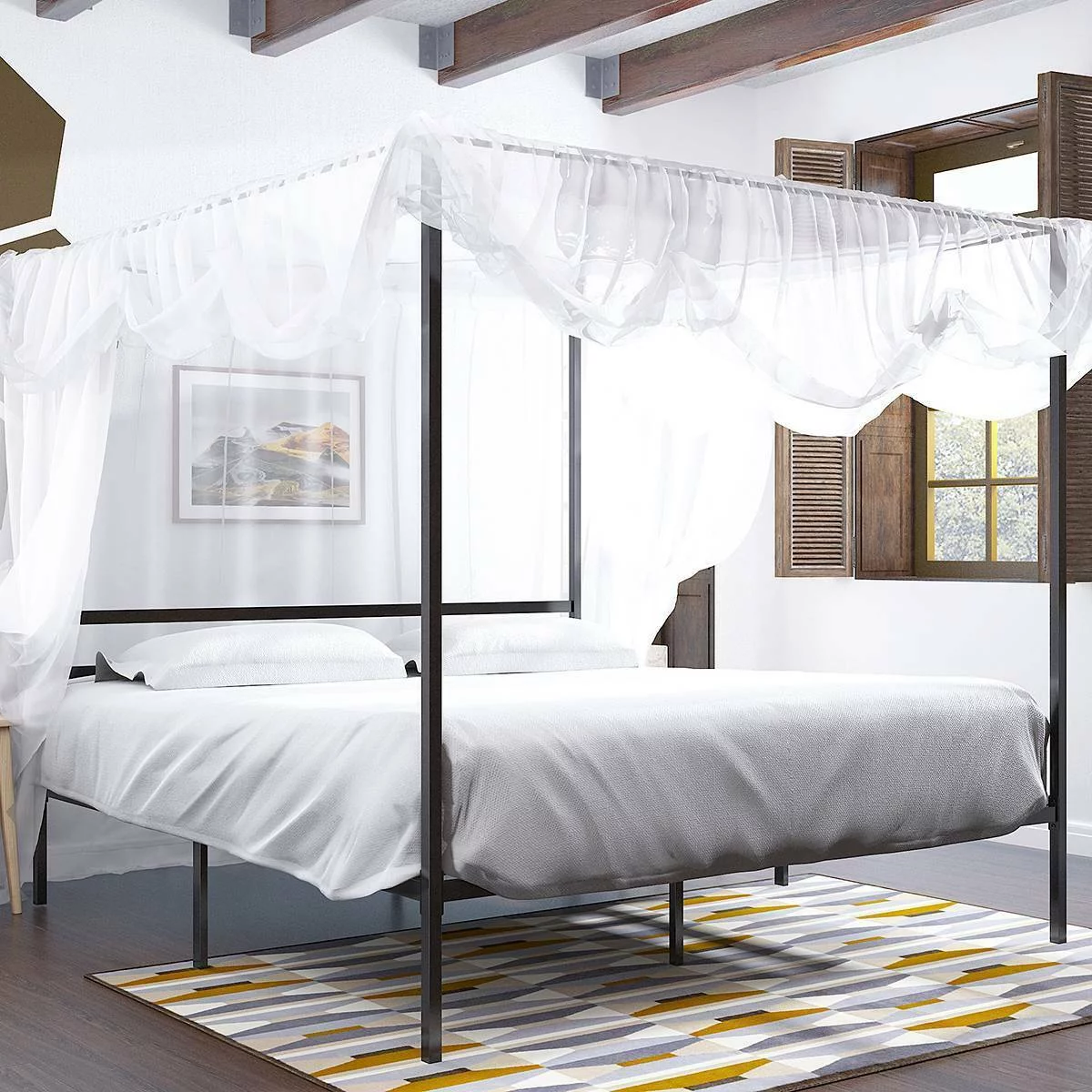Dextrus King Size Canopy Bed Frame Metal Platform Foundation Bedroom