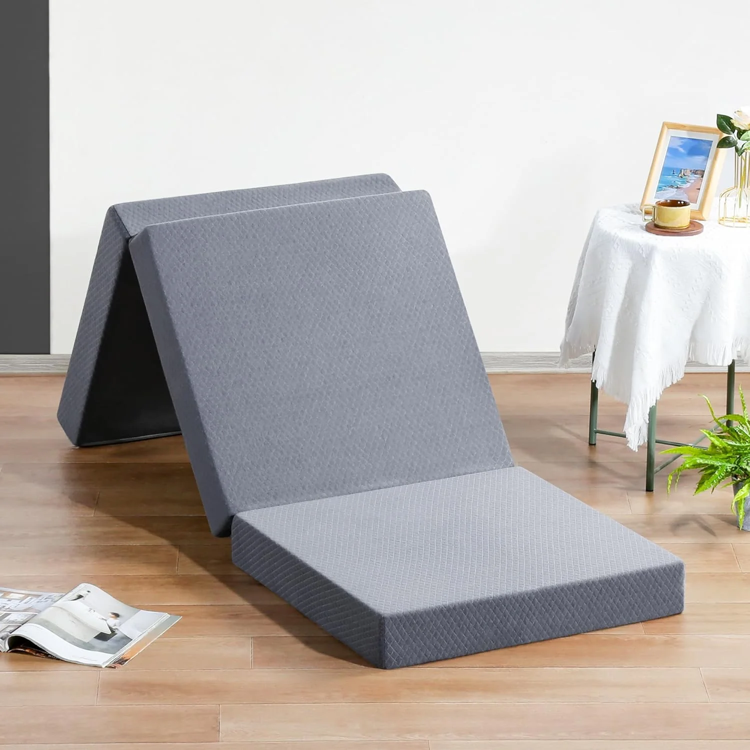 4 Inch Tri-Folding Topper, Guest Bed, Sleepover, Dorm Room Bed, Floor Mat, Camping, Easy To Carry, Washable Cover, Narrow (Gray)