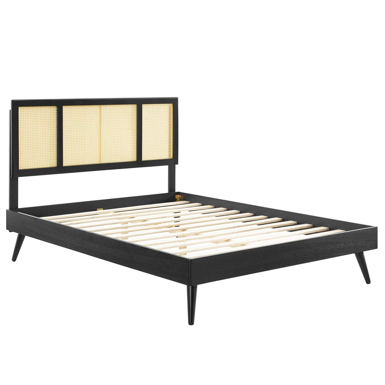 Modway Kelsea Cane and Wood Queen Platform Bed With Splayed Legs in Black