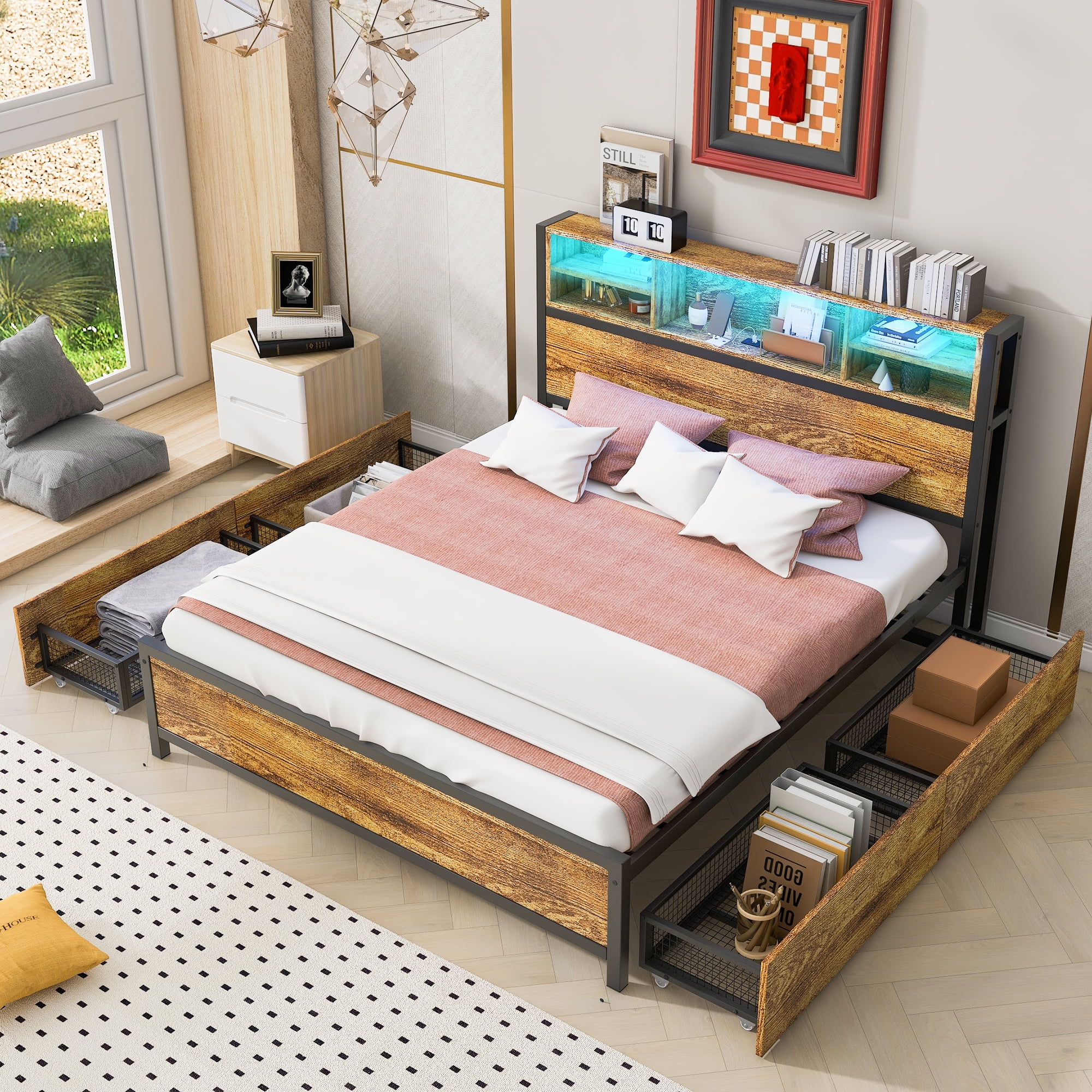 Euroco Wood Metal Queen Size Platform Bed with 2-Tier Functional Headboard, LED Light and 4 Storage Drawers, Charging Station and USB Ports, Black