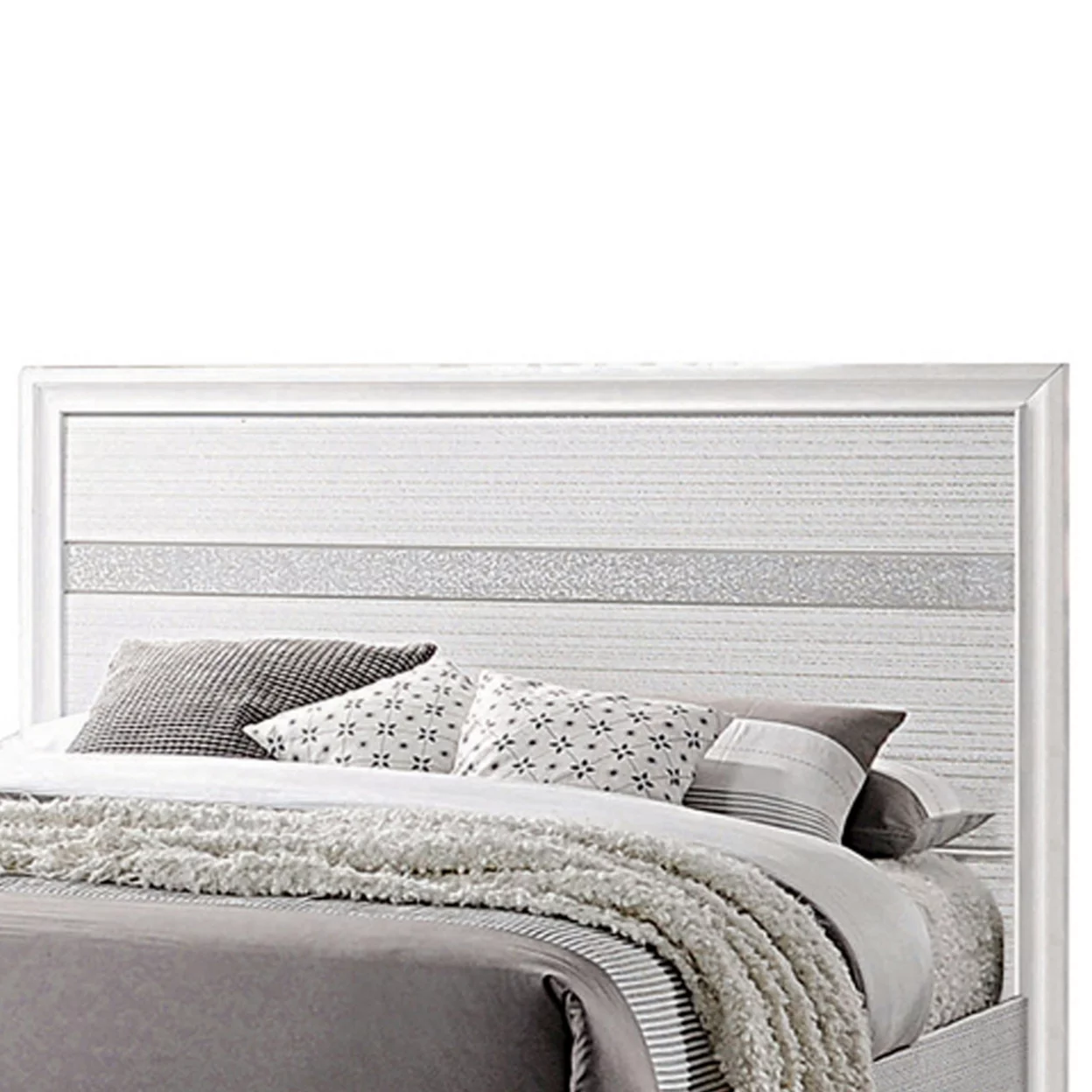 Contemporary California King Bed with Drawers and Glittering Stripes, White- Saltoro Sherpi