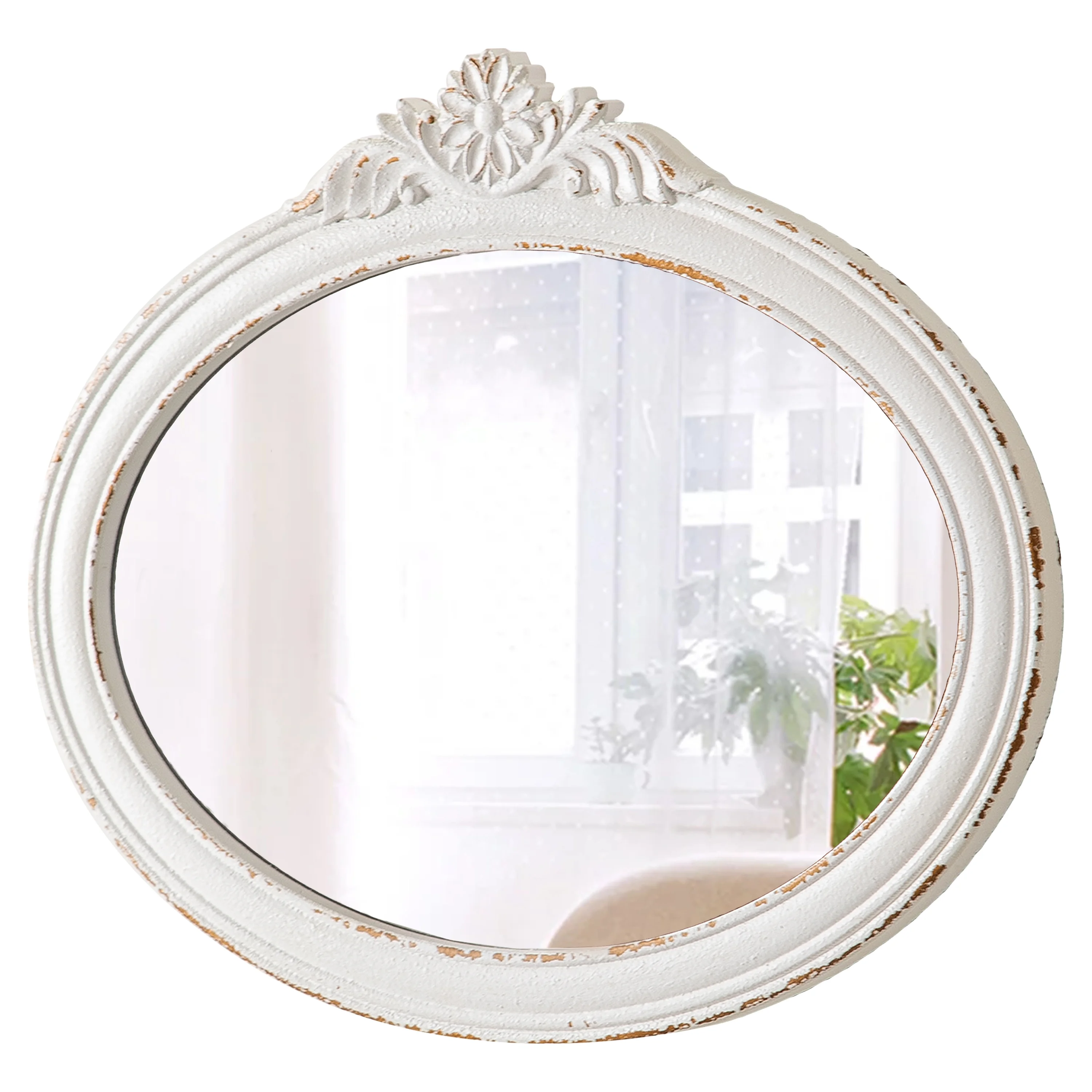 Sintosin Rustic White Mirrors for Wall, Handmade Finish Oval Wall Mirror, Vintage Big Round Bathroom Bedroom Mirror, 23.6
