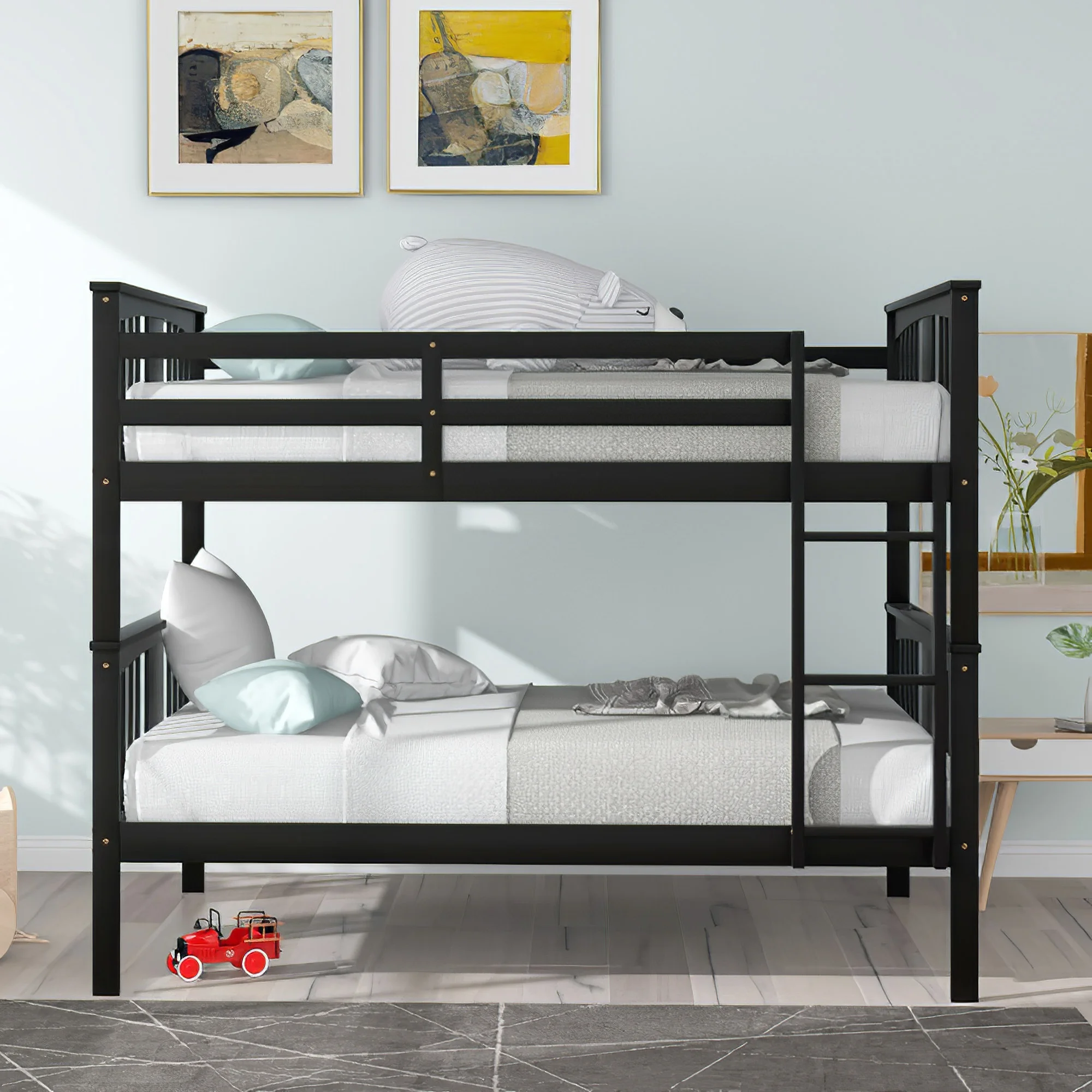 Momspeace Full over Full Bunk Bed with Ladder for Kids Adults Bedroom Solid Wood Furniture, Black