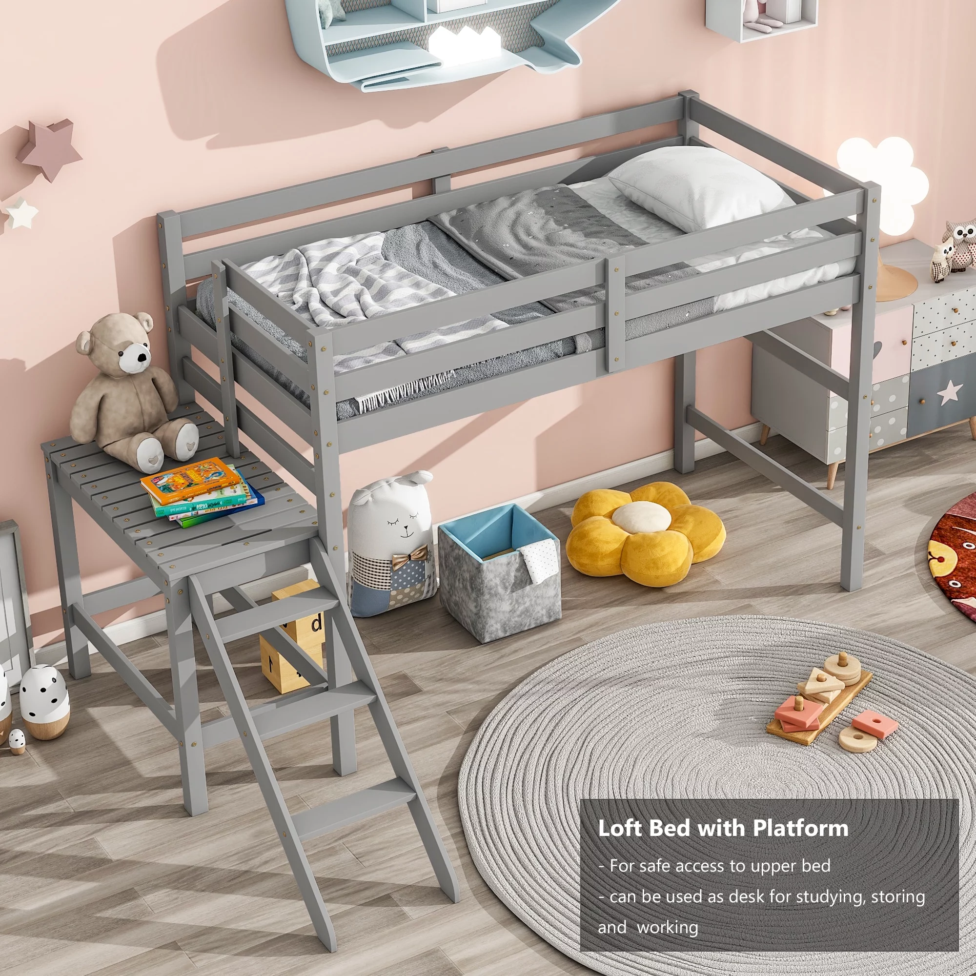 Bellemave Twin Wooden Loft Bed with Platform and Ladder American Style Low Loft Bed Frame with Underneath Storage for Kids, Junior Loft Bed with Wooden Slats and Guardrails, Gray