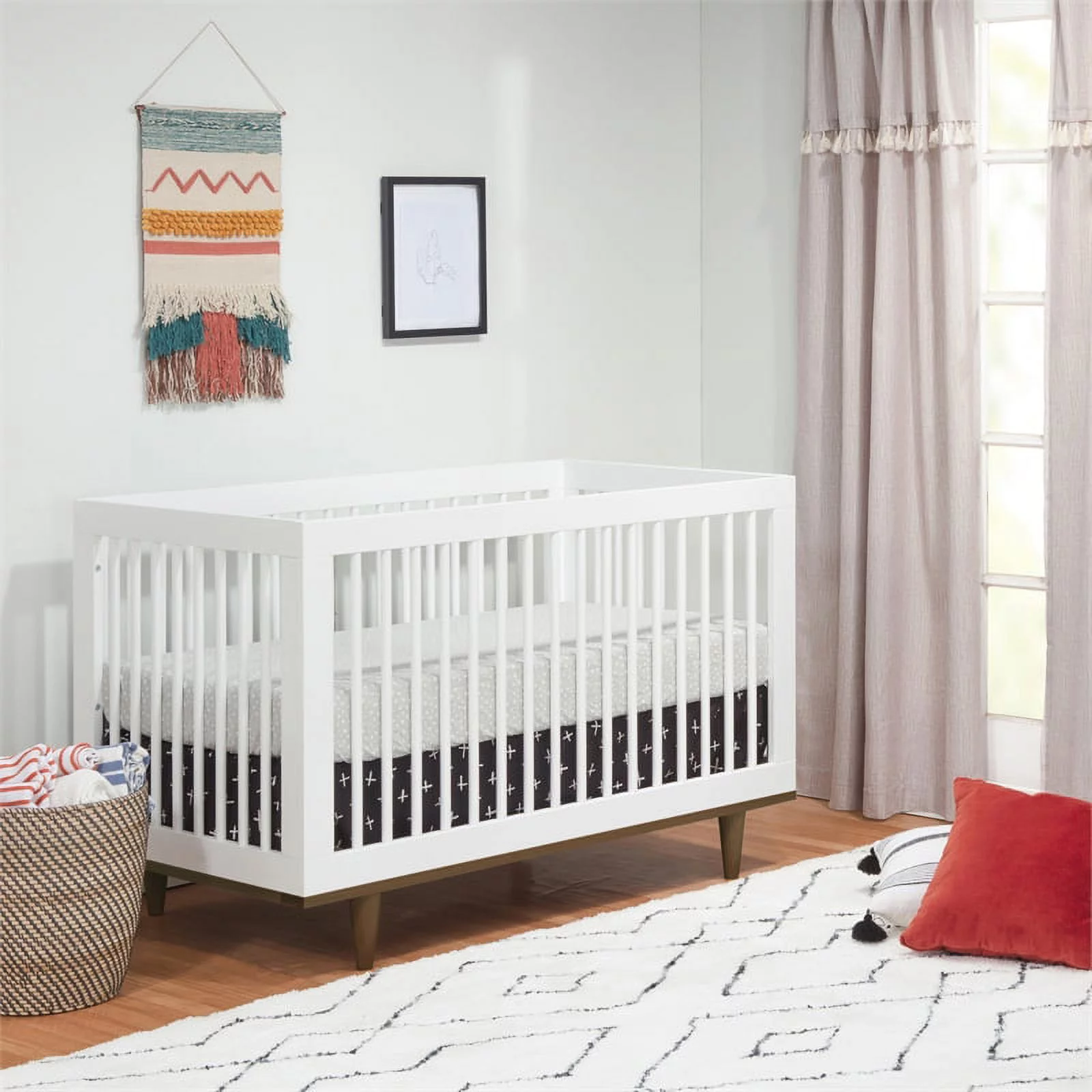 Davinci Marley Modern Pine Wood 3-In-1 Convertible Crib in White/Walnut