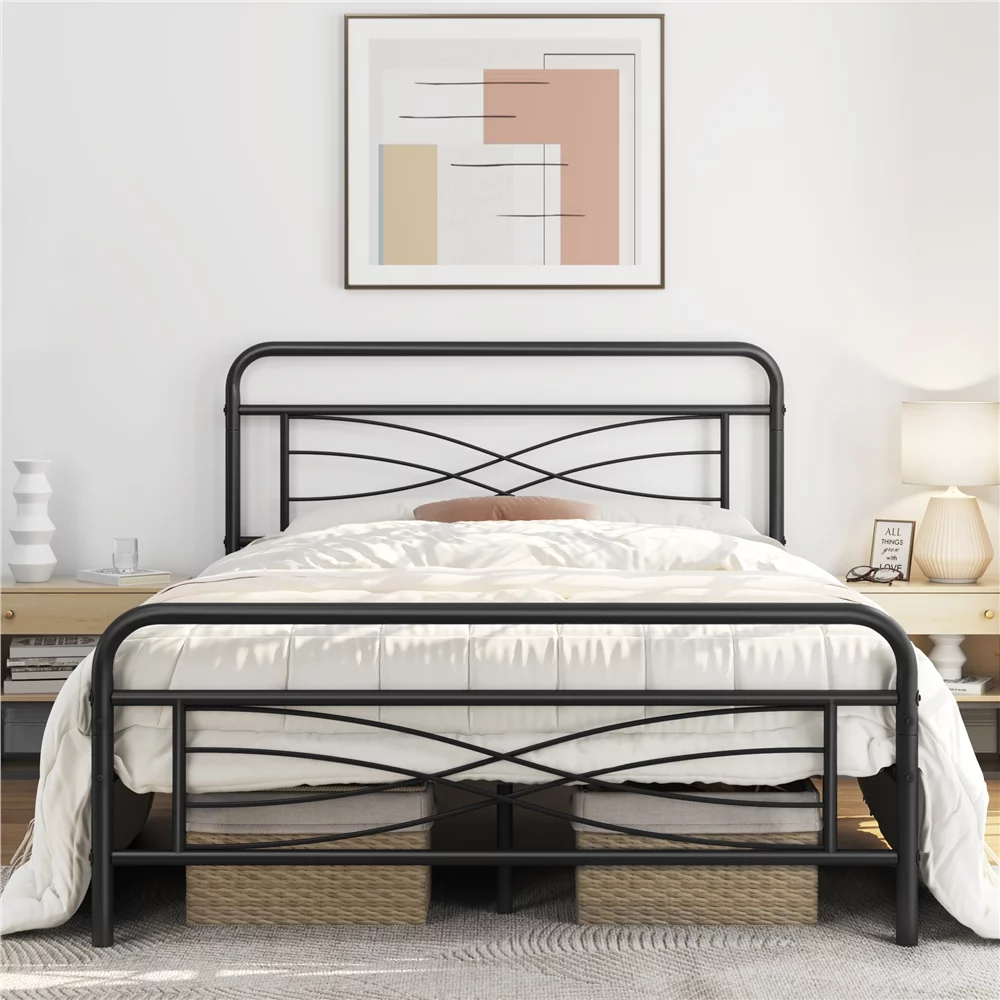 Topeakmart Vintage Metal Full Size Bed with Criss-Cross Design Headboard, Black