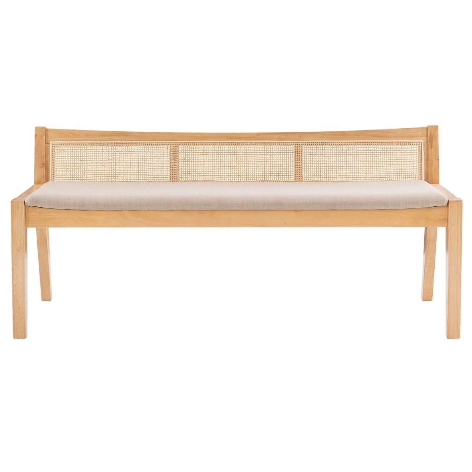 Linon Memphis Wood Bench Woven Cane Back Beige Padded Seat in Natural Finish