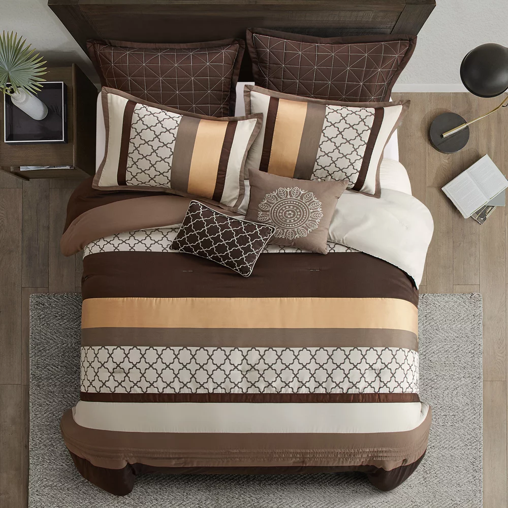 Lanco Moroccan Brown/Gold 8-Piece Comforter Set, Grey, King, Striped/Geometric Patchwork