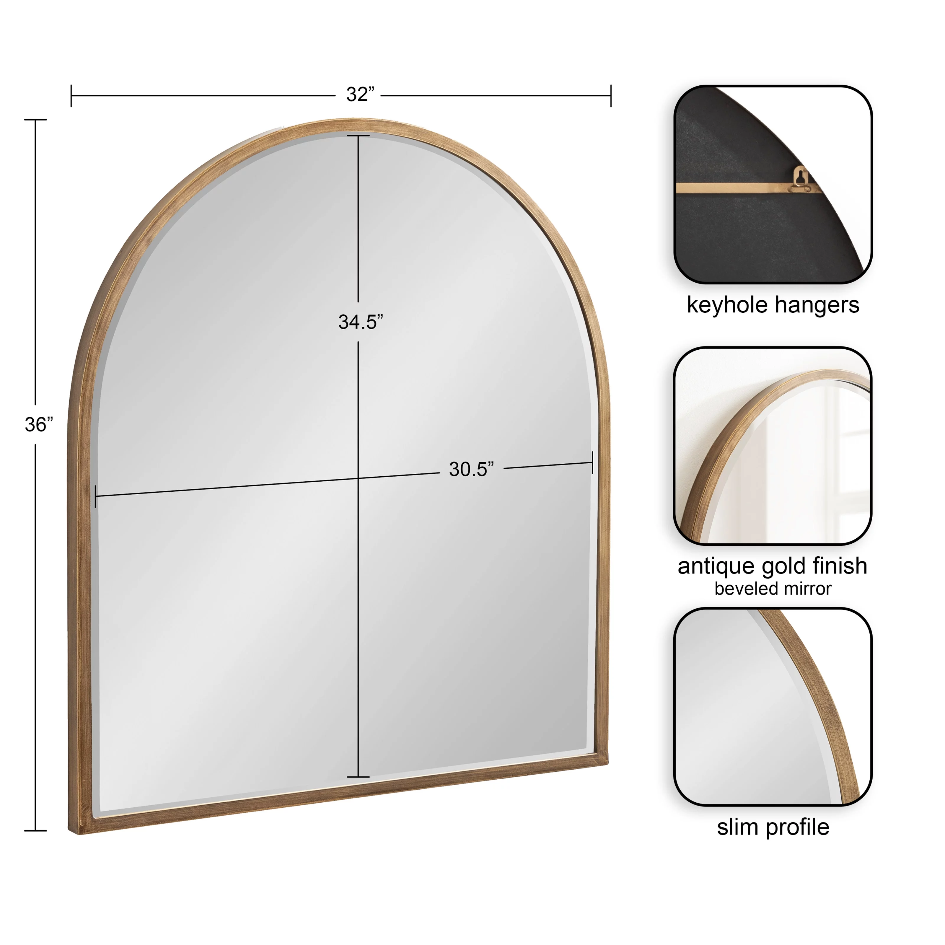 Kate and Laurel McLean Modern Arched Metal Framed Wall Mirror, 32 x 36, Gold, Decorative Mid-Century Statement Mirror with Rounded Arch Shape for Stunning Wall Home Decor