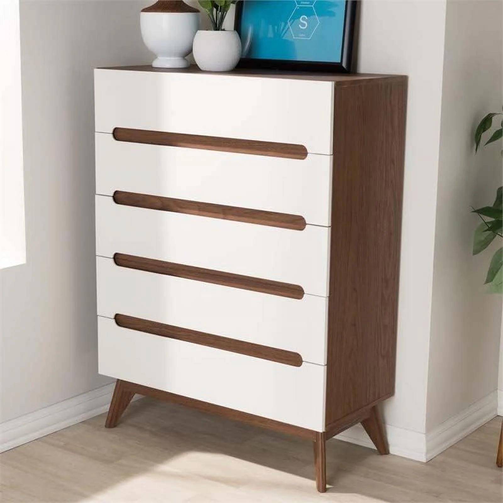 5-Drawer Board Wood Chest In White/Walnut