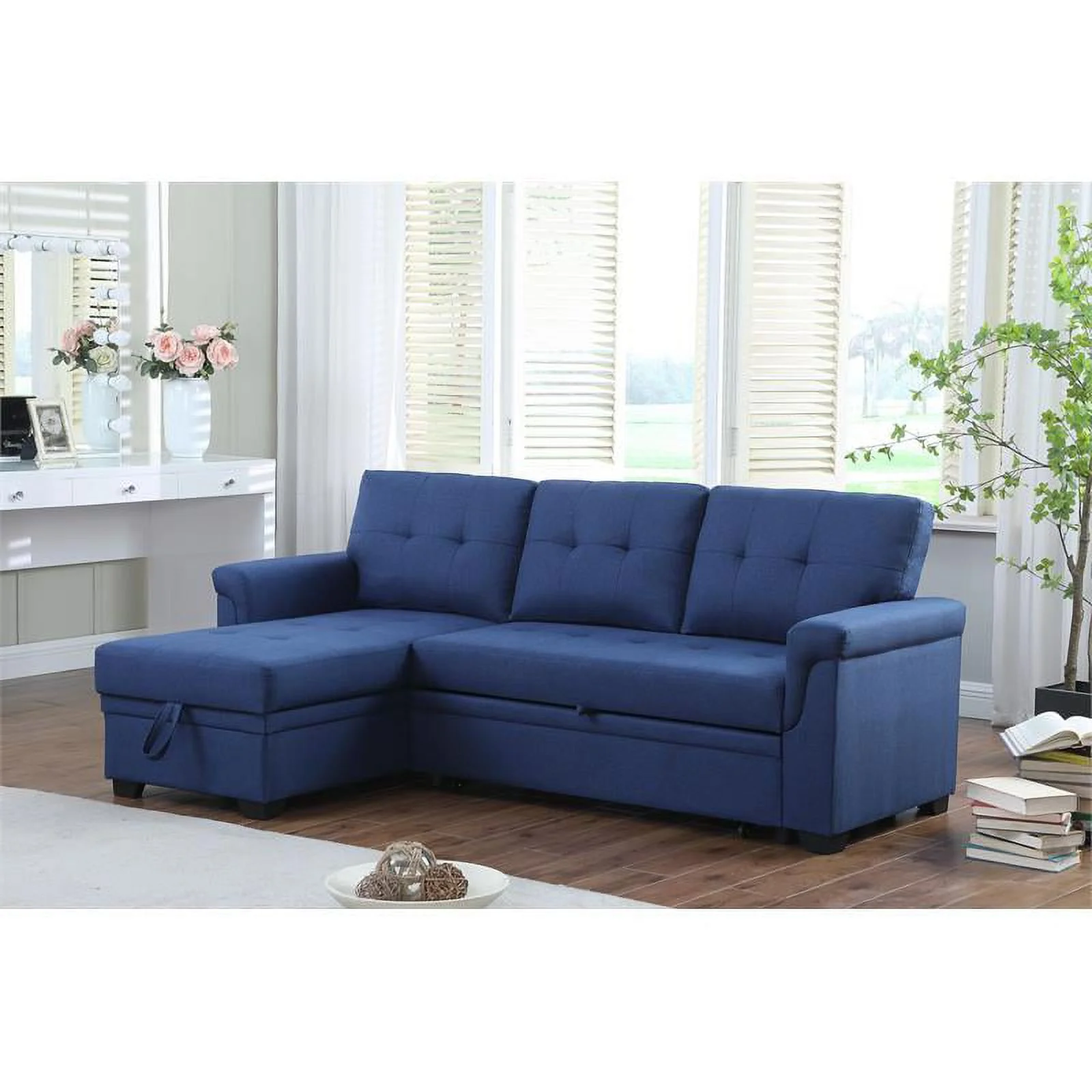 Pemberly Row Blue Fabric Reversible Sleeper Sectional Sofa with Storage Chaise