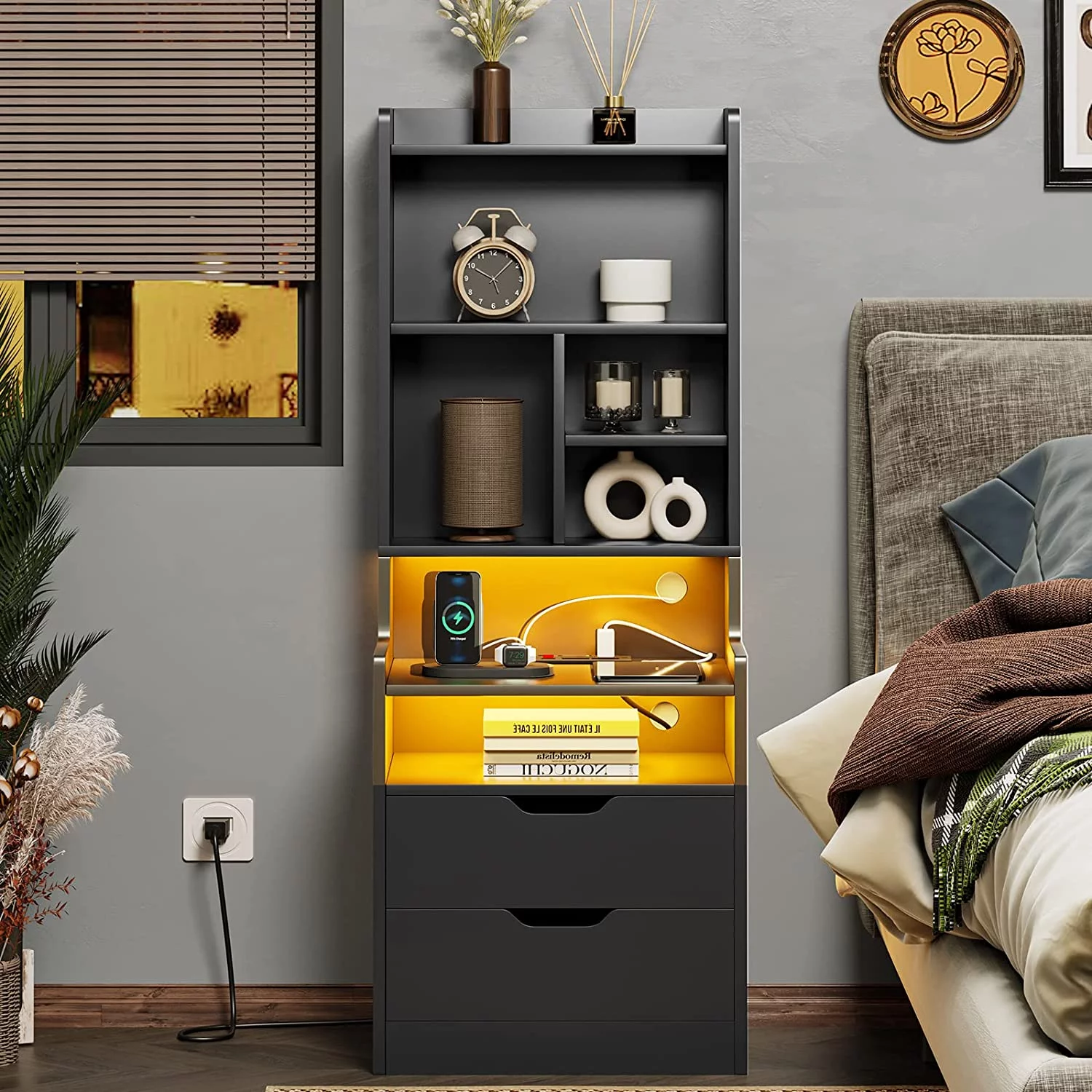 Tall Nightstand with Charging Station and LED Lights, Black Night Stand with Bookshelf, Bedside Table for Bedroom