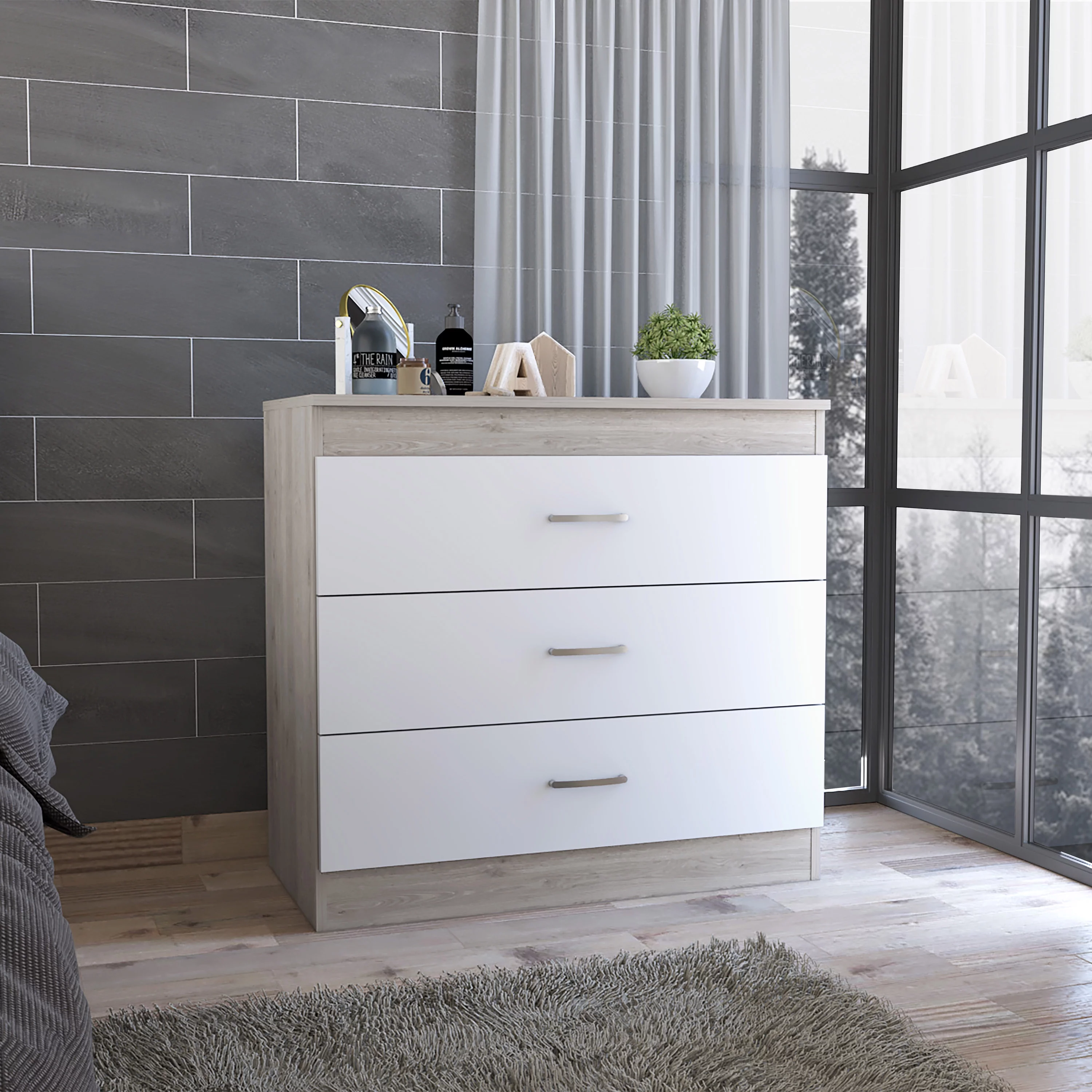 CoSoTower Three Drawer Dresser Lial, Superior Top, Metal Hardware, Light Gray / White Finish