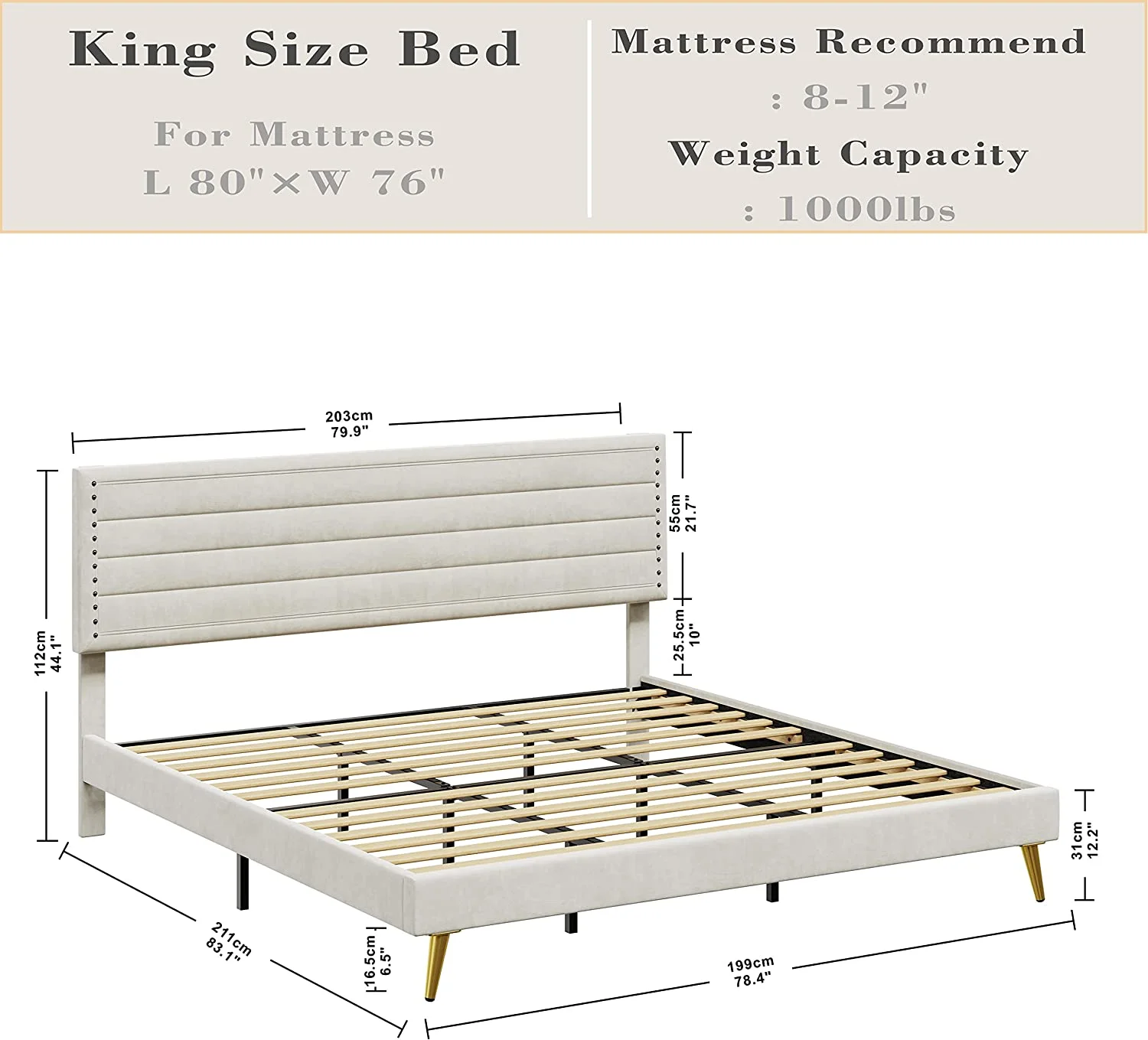 LIKIMIO King Size Bed Frame, Upholstered Platform Bed King with Headboard Heavy Strong Metal/Wood Supports, Easy Assembly, Noise-Free, No Box Spring Needed, Beige