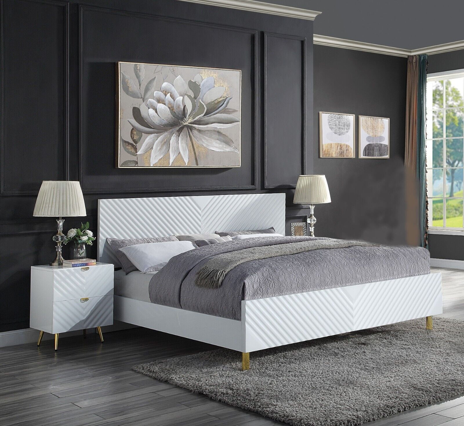 Glamorous Style Bedroom 3pc Set Queen Size Bed 2x Nightstands White Gloss Finish Bedroom Furniture