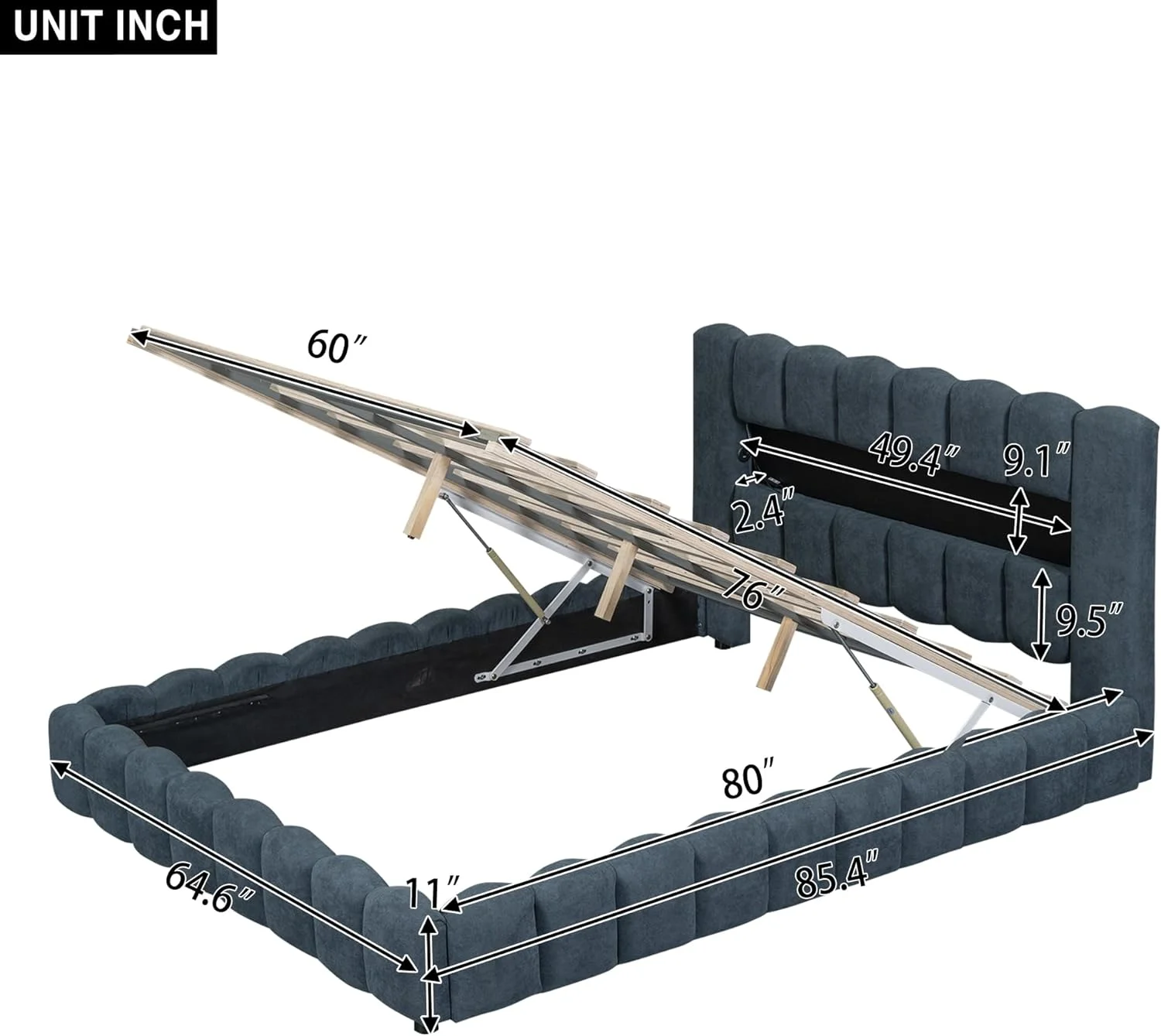 Quee Size Upholstered Lie Fraic Platform Bed With LED Headboard Ad USB,Quee Lift Up Storage Bed Frame For Bedroom,Deep Blue
