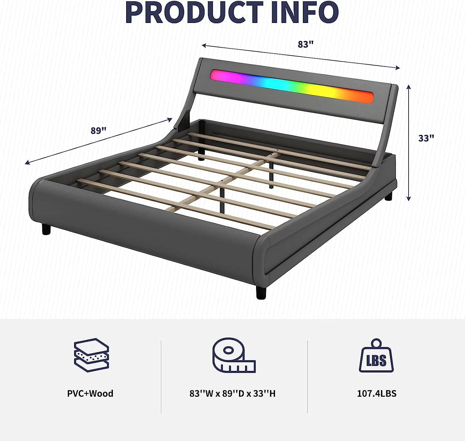 ZAFLY King Bed Frame with LED Headboard, Tufted Bedroom Furniture, PVC Upholstered Platform Bed Frame, King Size - Grey