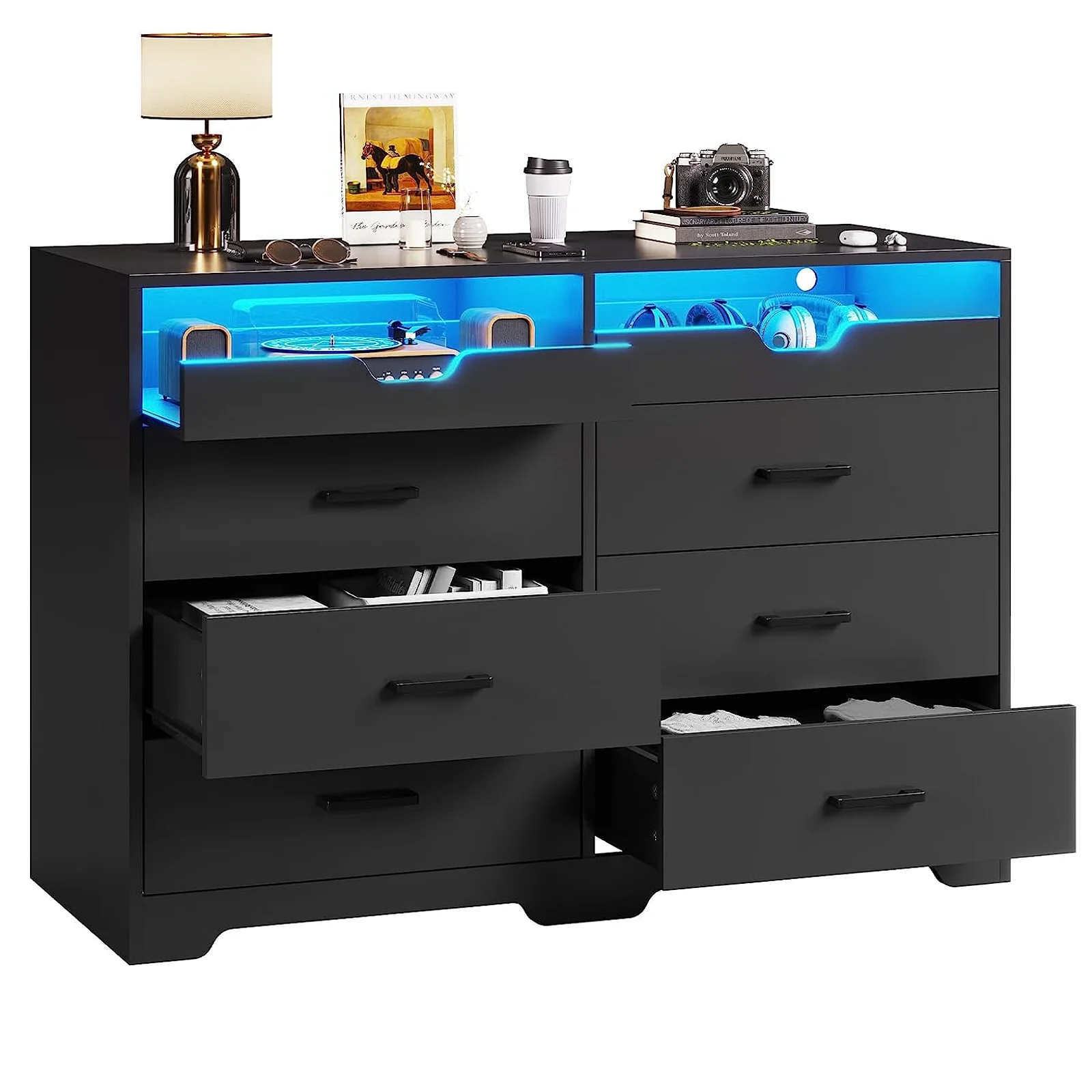 6 Drawers Dresser with LED Lights for Bedroom, Double Dresser with Drawers and 2 Pull-Out Tray, Chest of Drawers Storage Organizer,Black