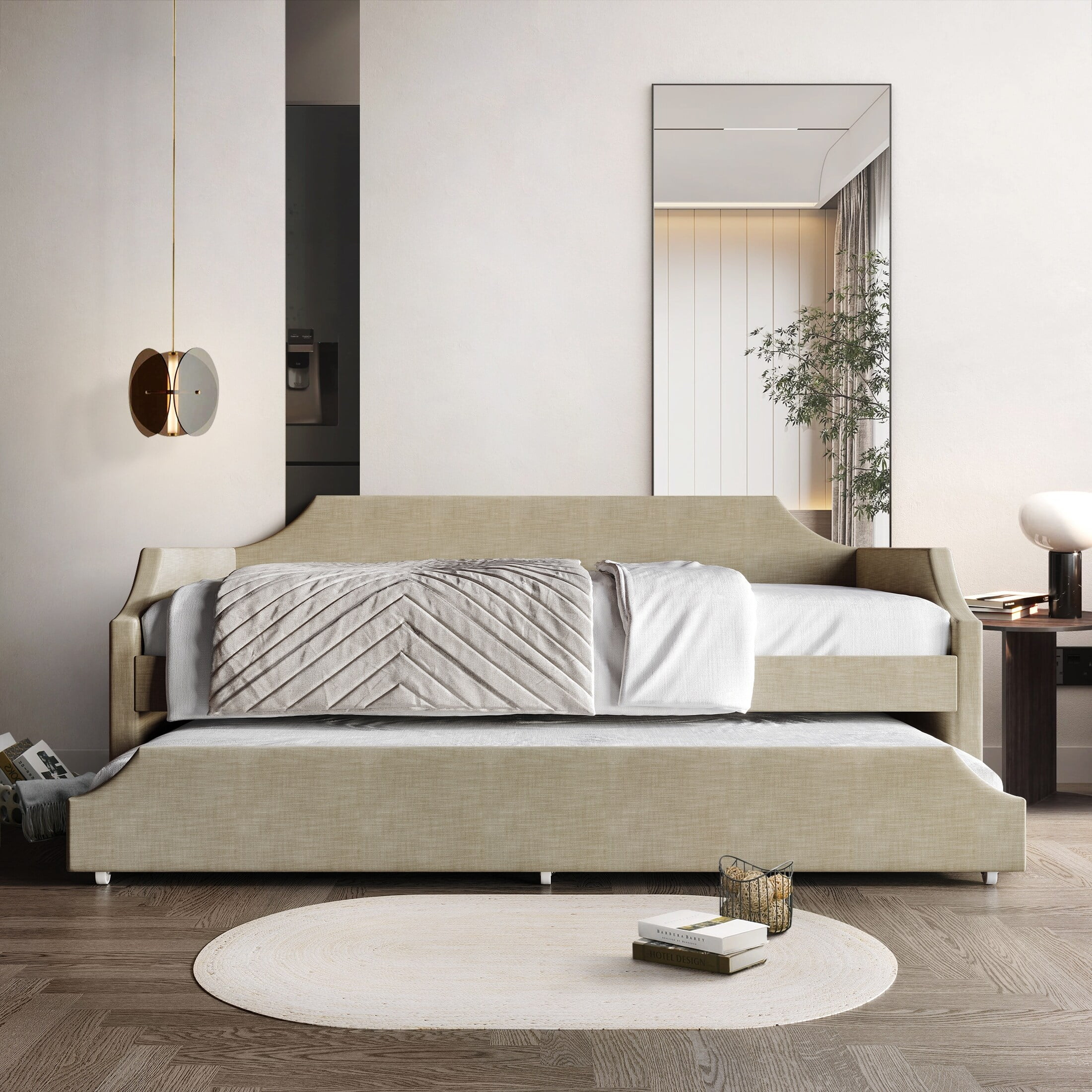 CraftPorch  Elegance Linen Upholstered Twin Size Daybed with Trundle Light Cream