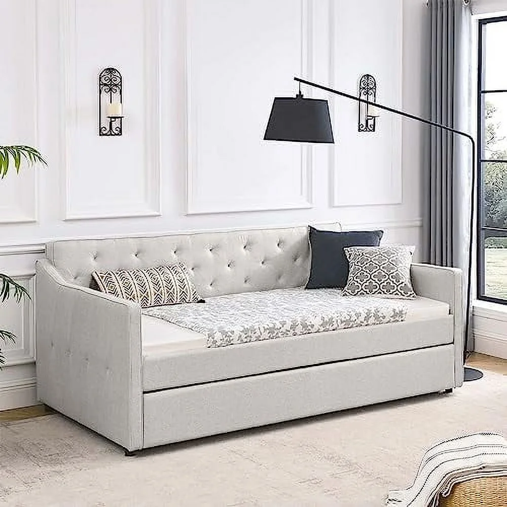 HOOMHIBIU Daybed with Trundle  Fabric Upholstered Twin Size Day Bed Pull-Point Sofa Daybed Frame w/Twin Roll-Out Trundle  No Box Spring Needed   for Bedroom  Living Room  Guest Room  Beig
