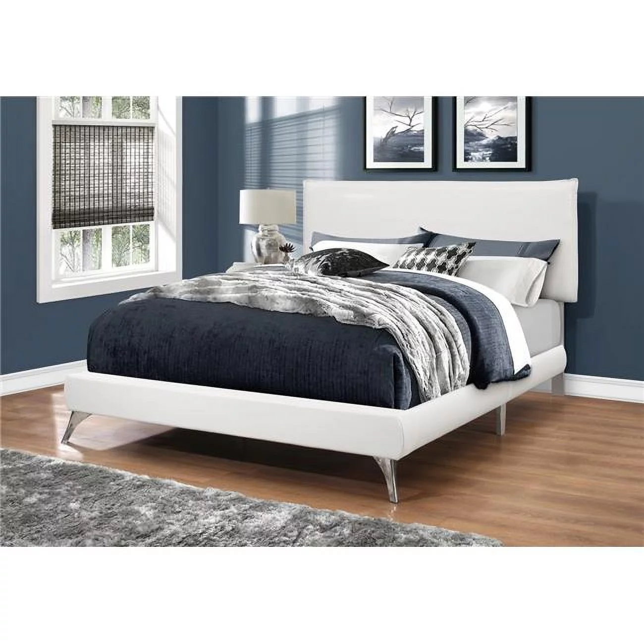 Monarch Specialties White Leather-Look Bed with Chrome Legs - Queen Size