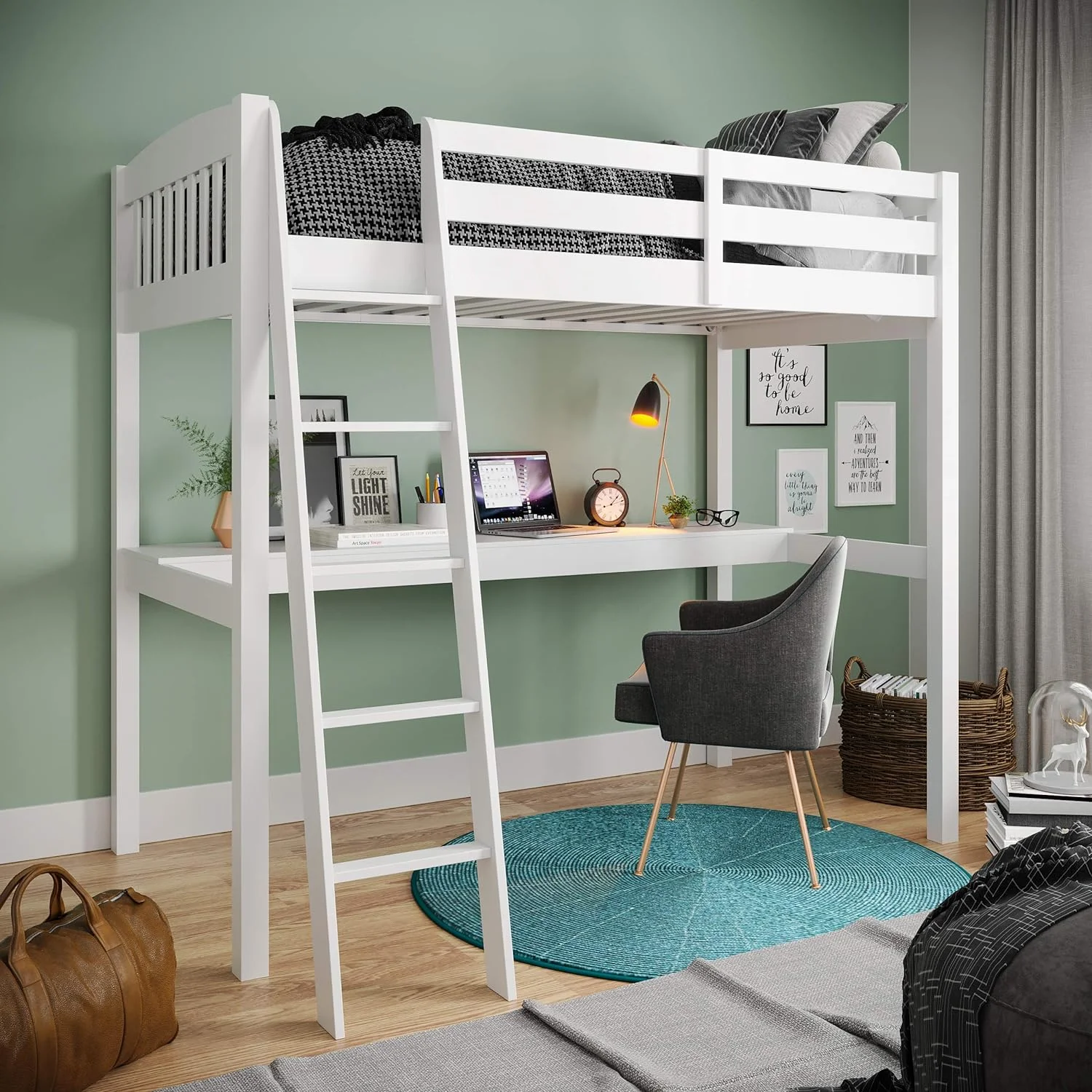 High Loft Bed With Desk, Wooden Loft Bed With Security Guardrail, Slat Support And Angled Ladder, Size Loft Bed For Kids, Teens, Adults Boys & Girls (, White)