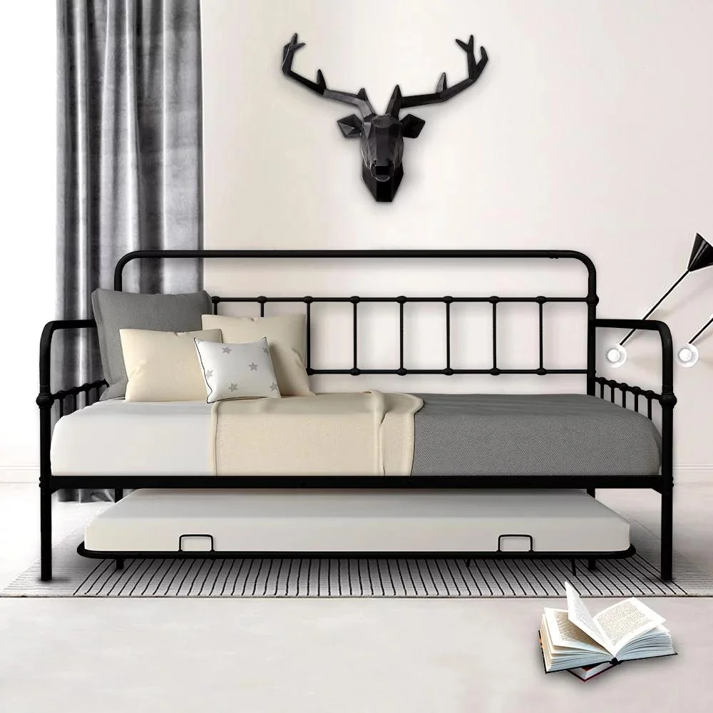 Gewnee Premium Twin Size Daybed,Metal Bed Frame with Trundle for Kids Room Guest Room,Black