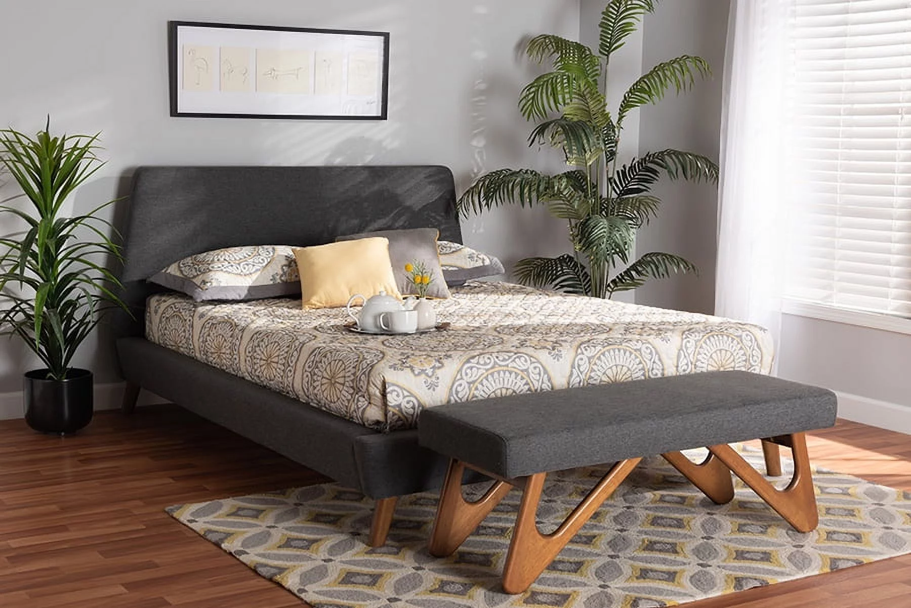 Baxton Studio Sinclaire Mid-Century Modern Transitional Dark Grey Fabric Upholstered Queen Size 2-Piece Bedroom Set