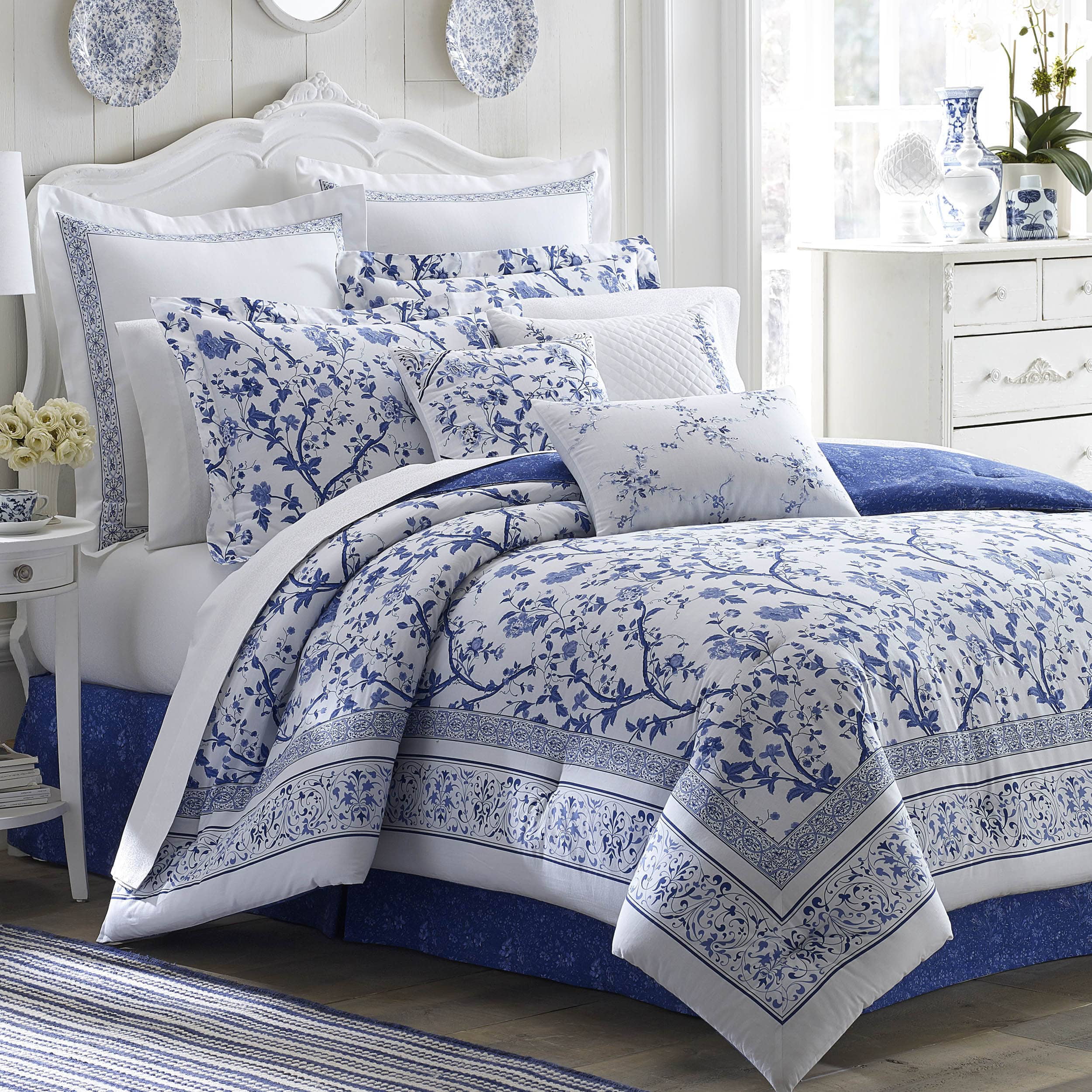 Laura Ashley - Full Comforter Set, Cotton Bedding with Matching Shams & Bed Skirt, Stylish Home Decor (Charlotte Blue, Full) Comforter Set Full Charlotte Blue/White