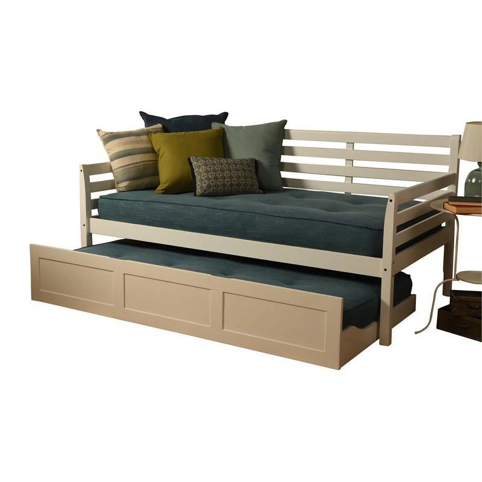 Pemberly Row Daybed and Trundle in White with Linen Aqua Mattresses